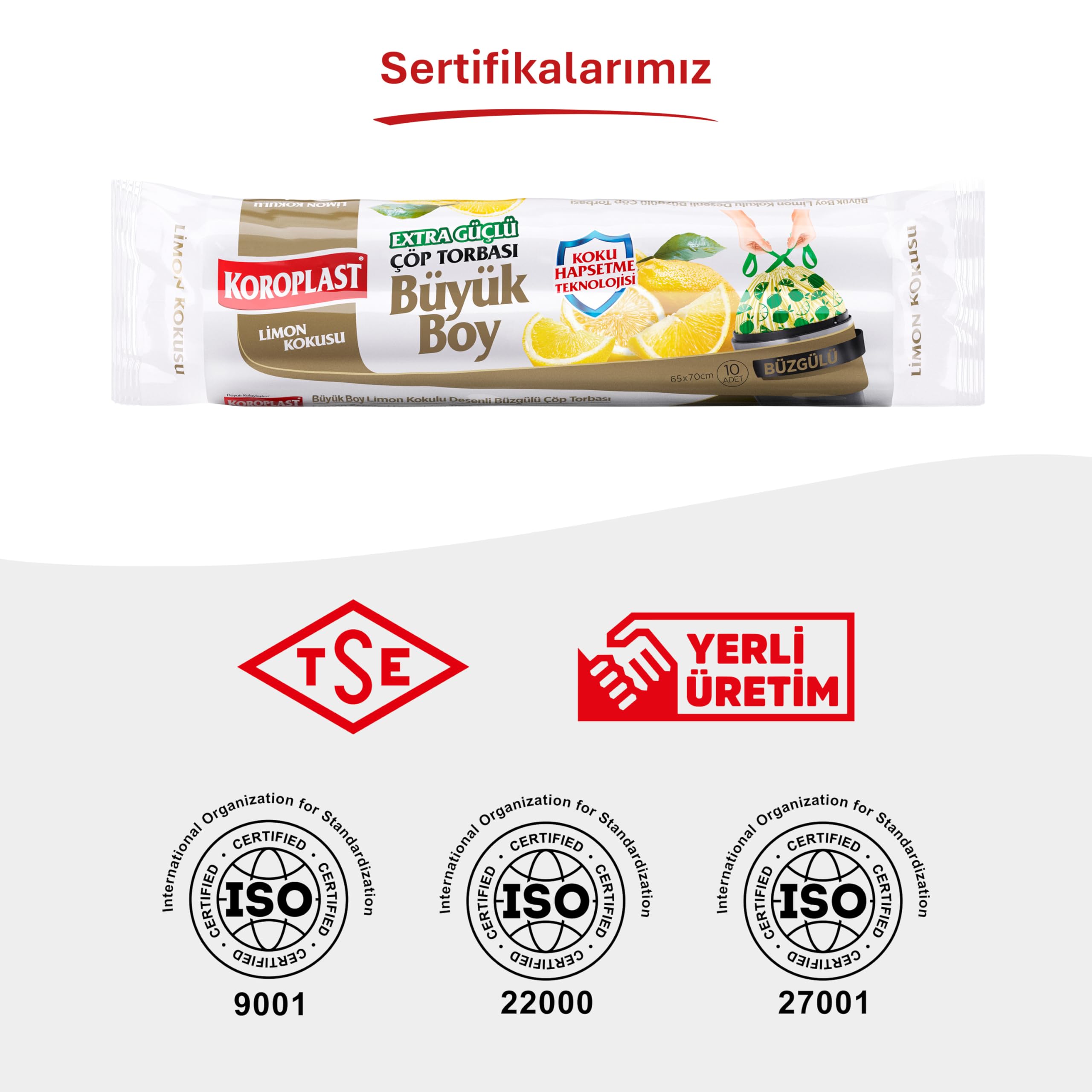 Koroplast Limon Kokulu Büyük Boy Büzgülü Çöp Poşeti 10'lu 65x67 cm, Kolay Bağlanır Kokulu Büzgülü Büyük Boy Çöp Torbası, Sızdırmaz Yırtılmaz, Geri Dönüştürülebilir Atık Torbası Ekstra Güçlü Çöp Poşeti
