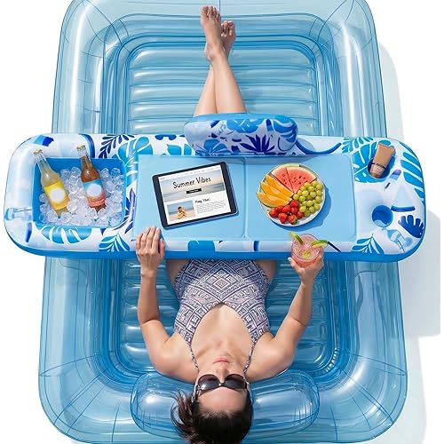Inflatable Tray for Tanning Pool Float – 61" L x 15.7" W Extra Large Tray with Non-Slip and Cooler Container, Designed for Sunbathing Bed, Tanning Lounge & Water Blow Up, Ball Pit, Party Gifts