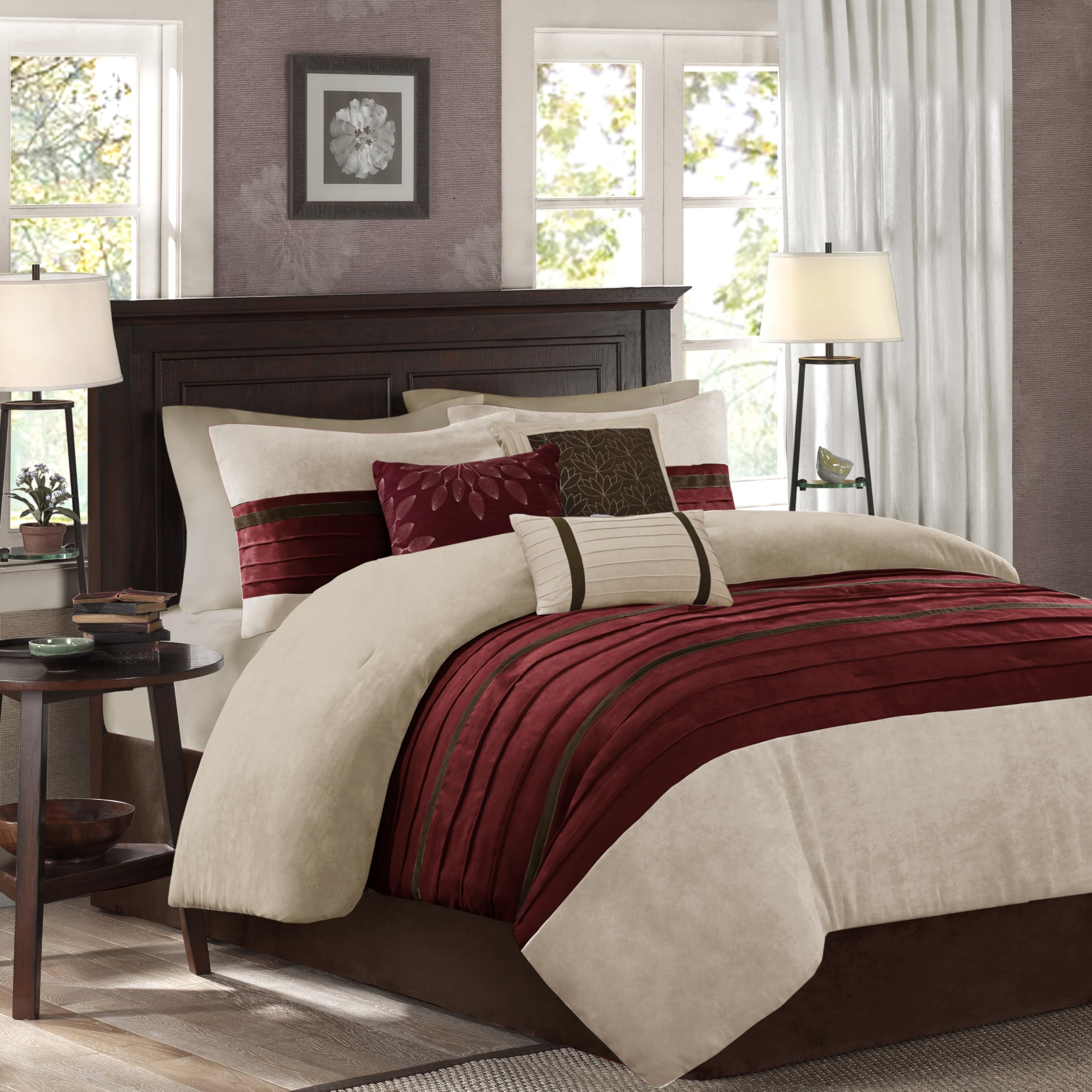 Madison Park Cozy Comforter Set-Luxury Faux Suede Design, Striped Accent, All Season Down Alternative Bedding, Matching Shams, Decorative Pillow, Red, California King (104 in x 92 in)