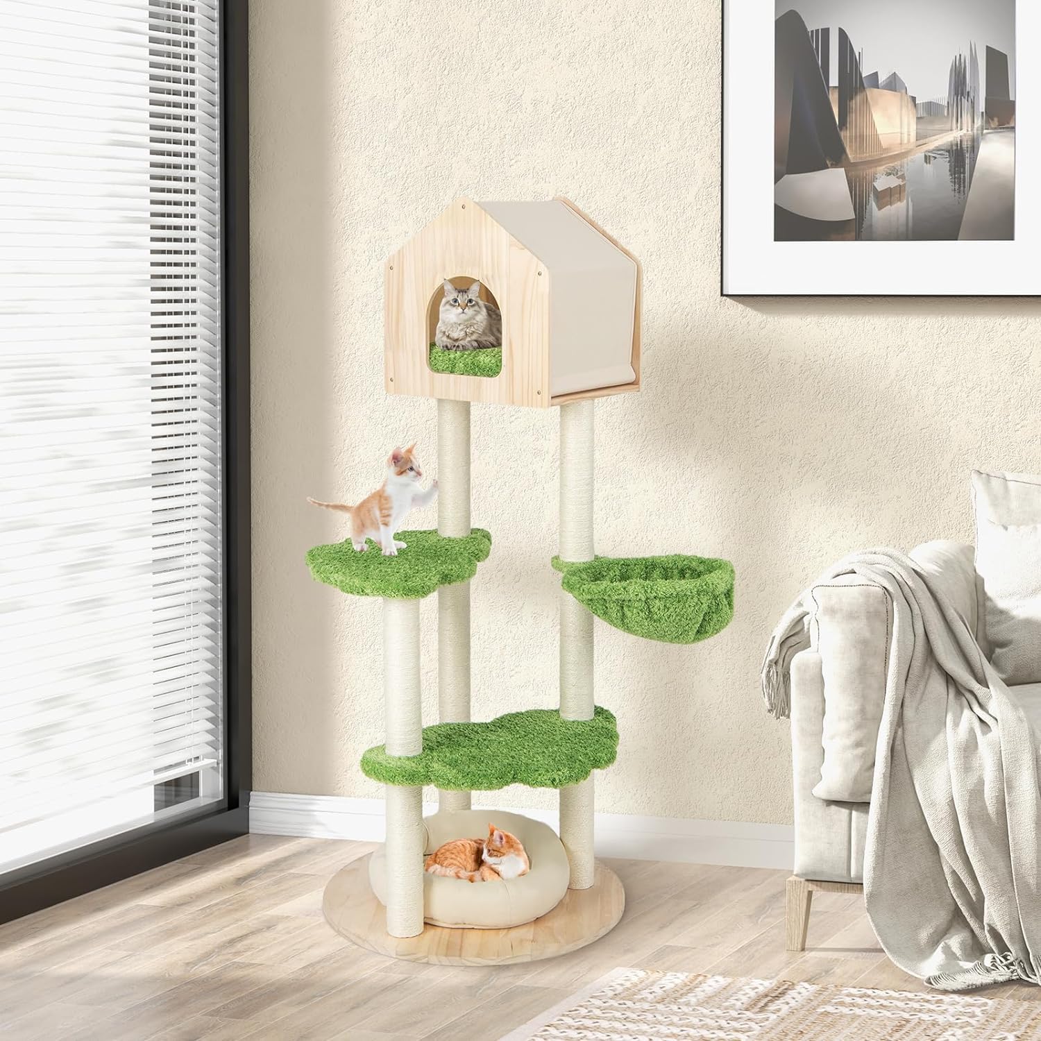 GYMAX Árbol de Escalada para Gatos de 139 cm con Poste Rascador de Sisal y Cueva, Árbol para Gatos con Cama para Gatos, Hamaca, Centro de Actividades de 5 Niveles, Muebles para Gatos