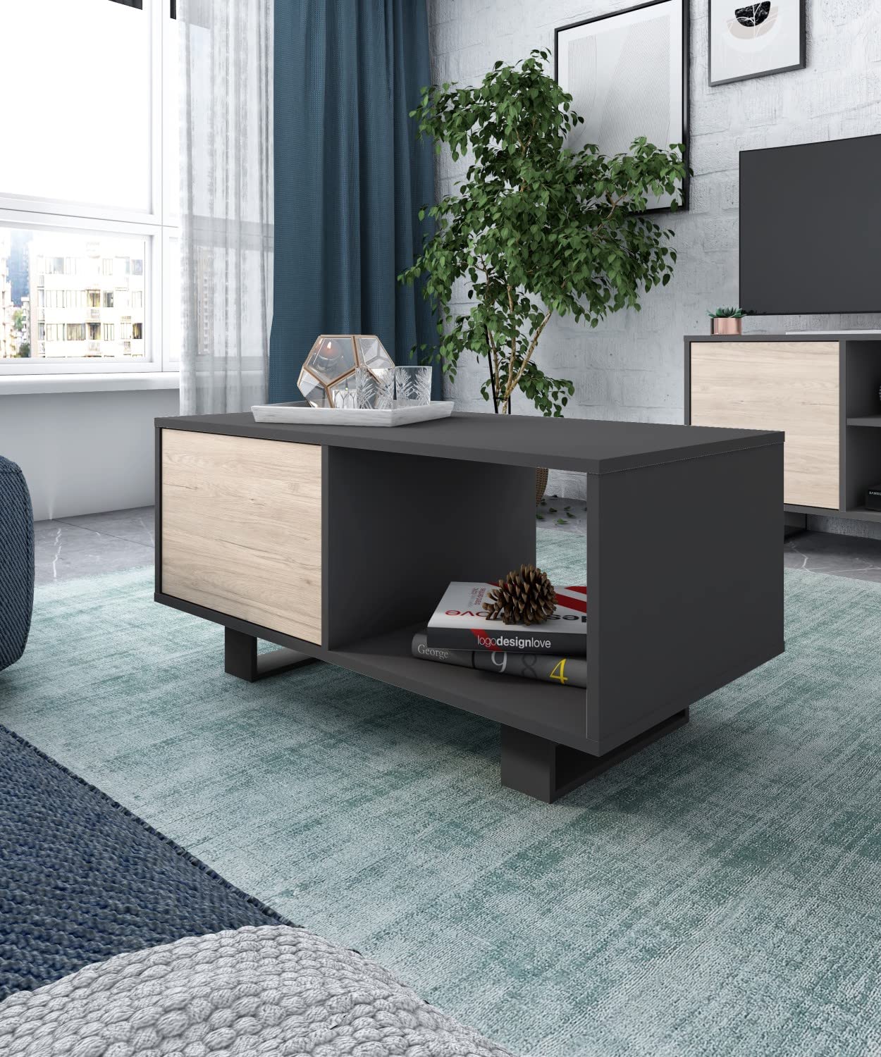 Skraut Home | Table Basse avec Portes | 92 x 50 x 45 cm | pour Salle à Manger | Modèle Wind | Finition Couleur Gris/Chêne