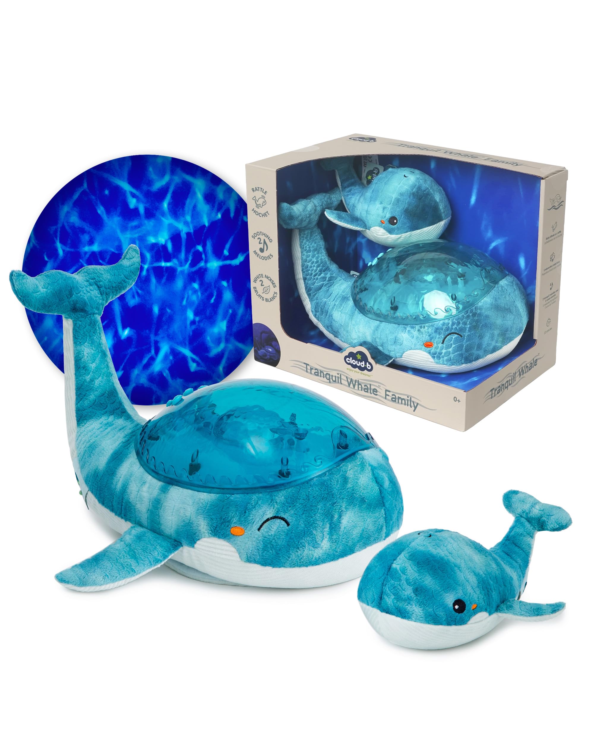 Cloud b Nachtlicht Ozean Projektor mit Beruhigenden Klängen, Einstellbarer Helligkeit & Bewegung, 23 Min Auto-Off, Babywal Spieluhr, Tranquil Whale Blau