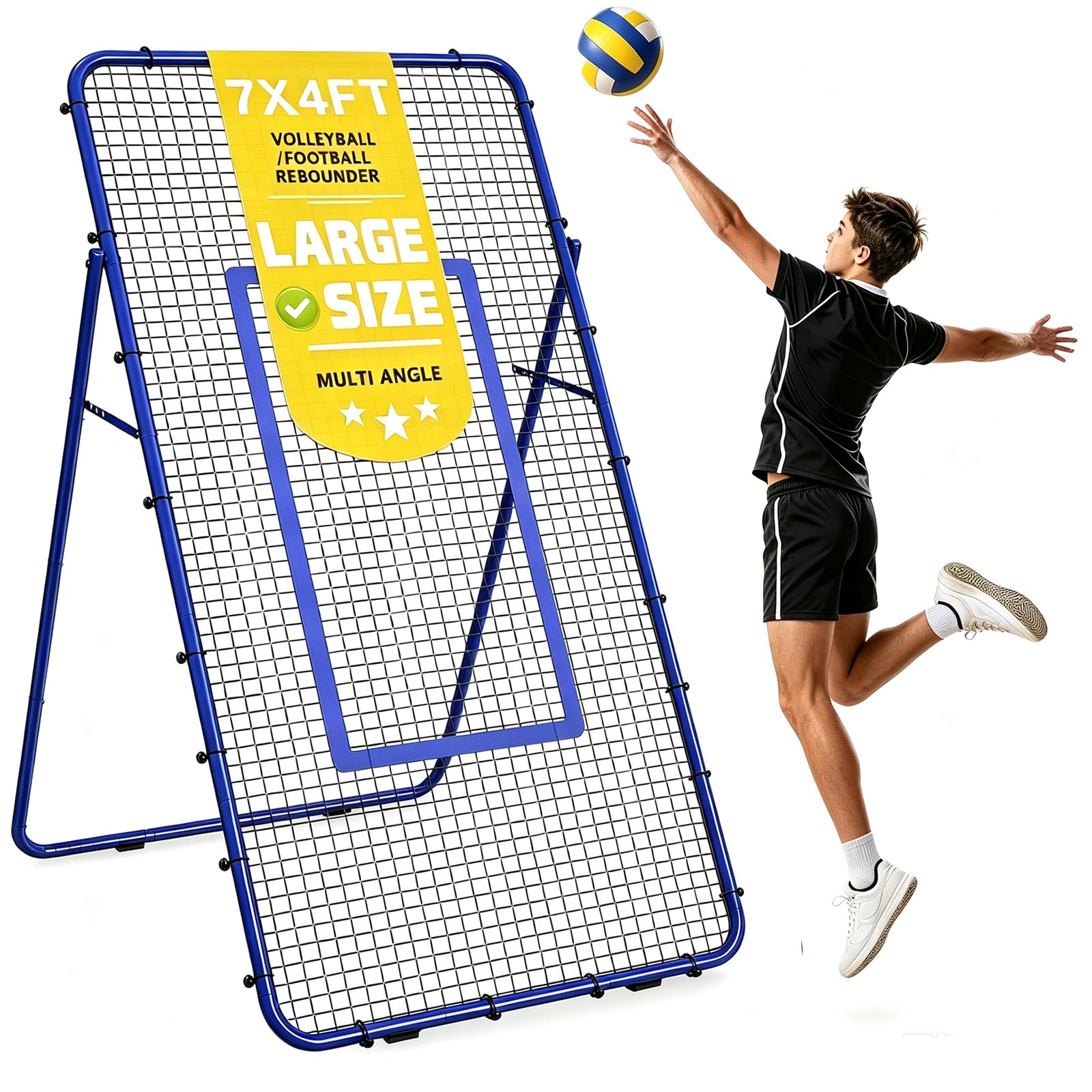 Volleyball Rebounder Netz, 2,2 x 1,2 m Fußball-Rebounder mit Ziel, Trainingsgerät verstellbarem Winkel & Trainingshütchen für Lacrosse Baseball Sportübungen drinnen und draußen