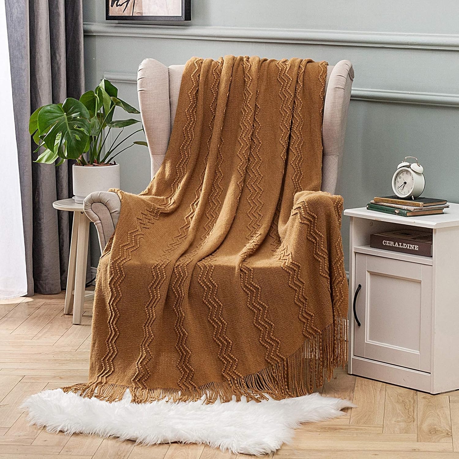 MIULEE Knitted Brown Throw Blanket for Couch,Boho Bed Decor Knit Outdoor Blankets Throw Size with Tassels Cozy Woven for Sofa Home Chair Wave Pattern 50" x 60" Inches - Image 9