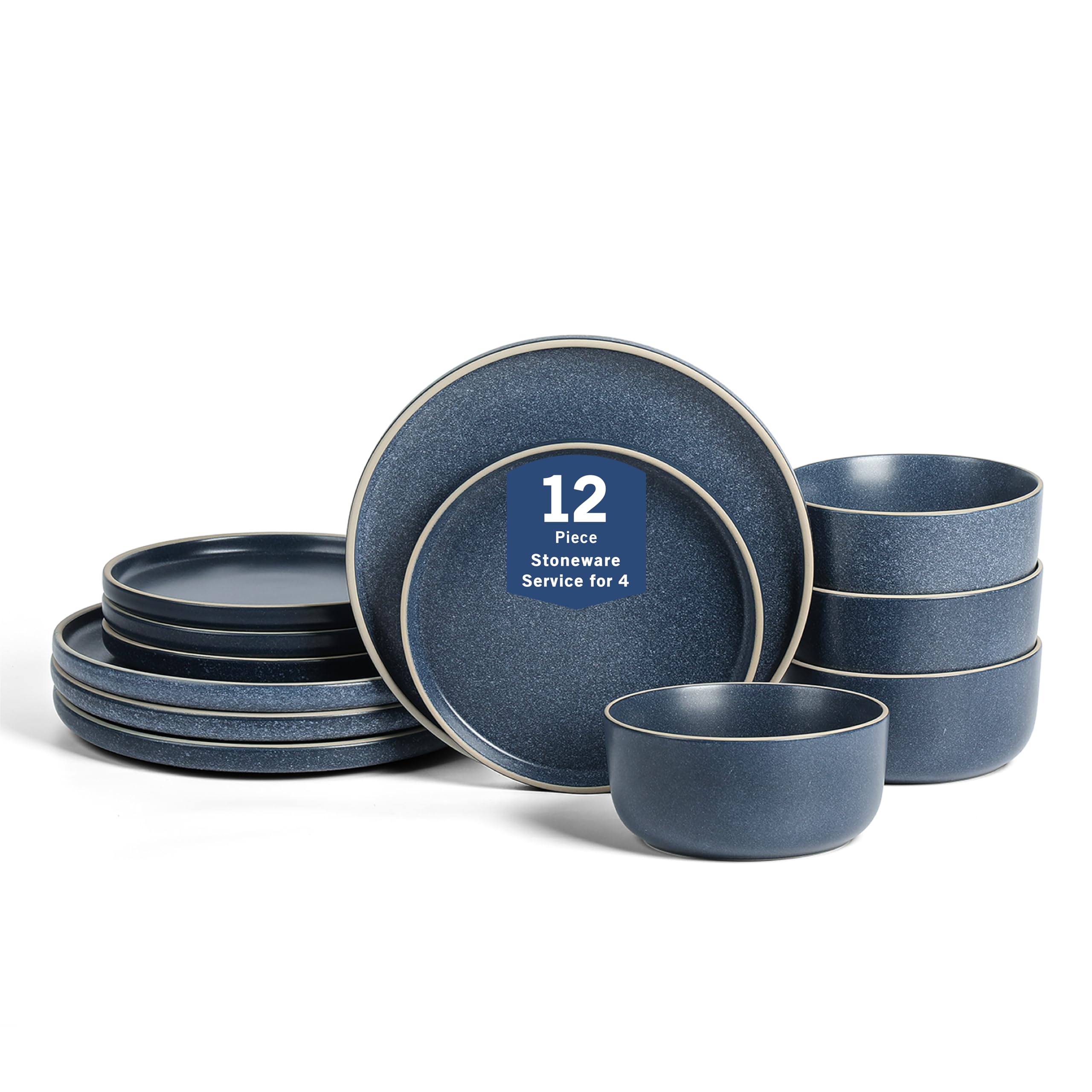 Earth & Clay Amber 12-Piece Dinnerware Set Stoneware, Dishwasher and Microwave Safe Plates and Bowls Set, Dish Set for 4, Blue
