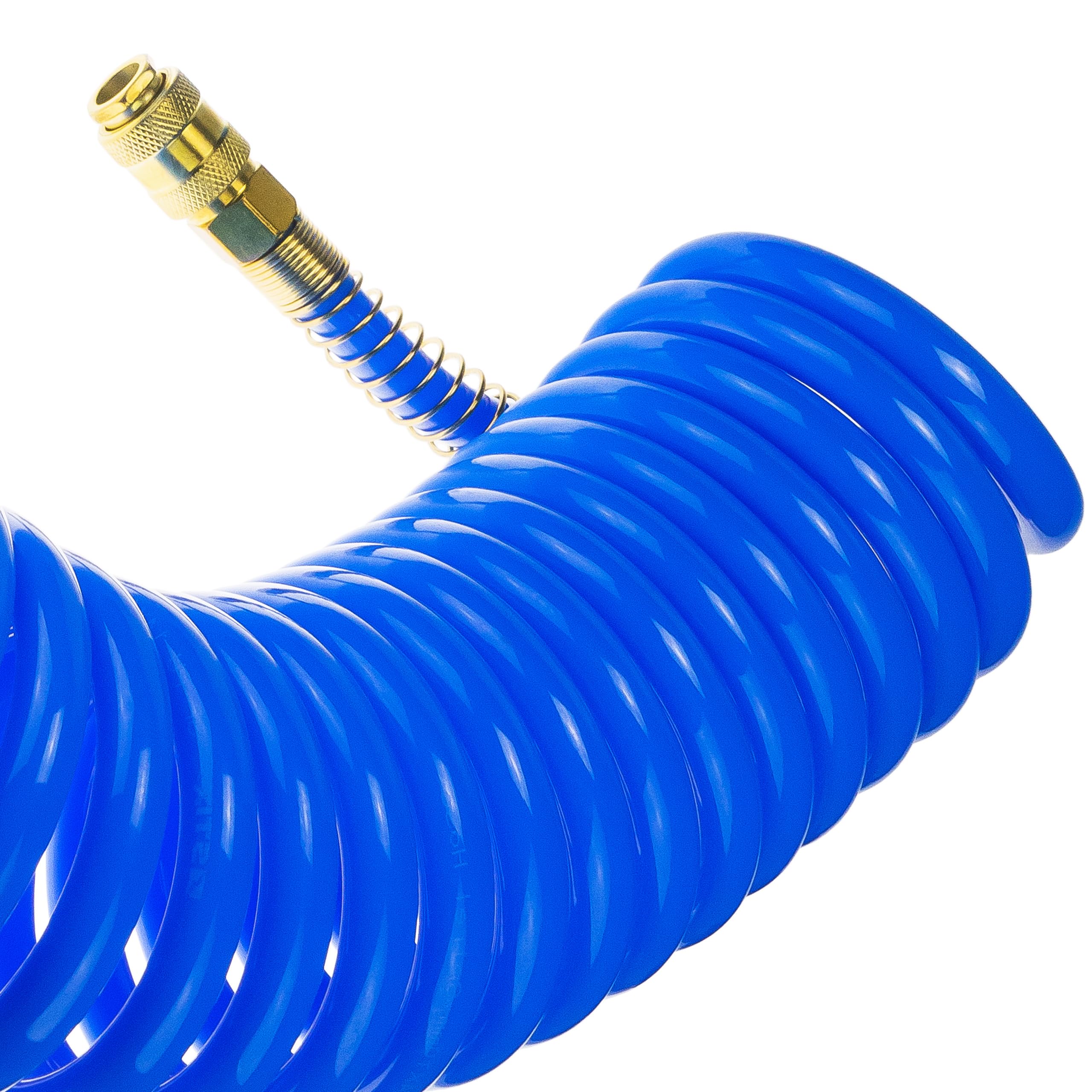 Druckluft Spiralschlauch SP-PU 15 m, Druckluftschlauch 10/14mm aus PU, max. Druck 10 Bar, mit Knickschutz und Schnellkupplung, geeignet für pneumatische Werkzeuge