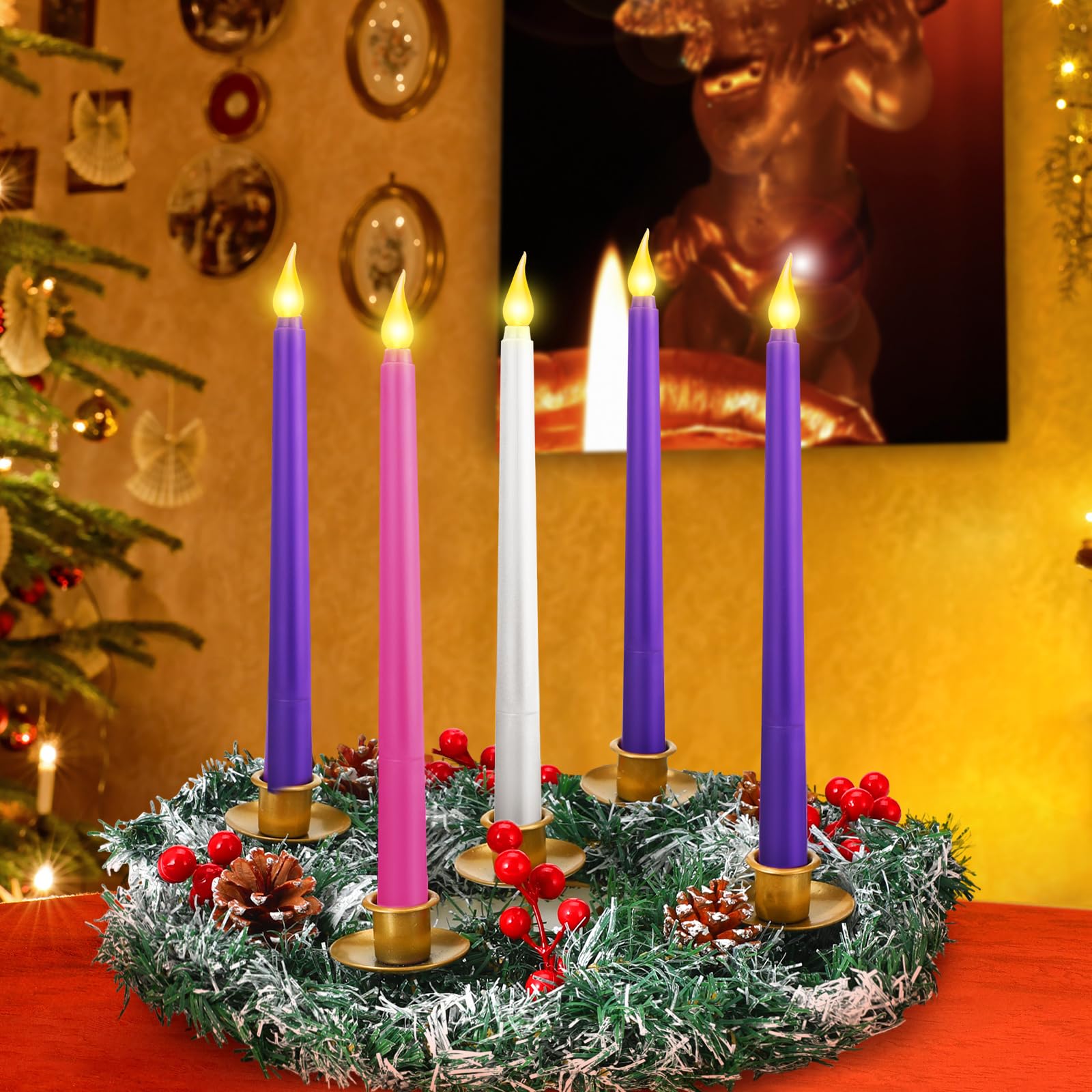 Tioncy Portavelas de corona de Adviento de Navidad de 12 pulgadas con 5 velas sin llama, control remoto, corona, portavelas, decoración de centro de mesa con bayas (pino cedro nevado, 11 x 0.8 x 0.8