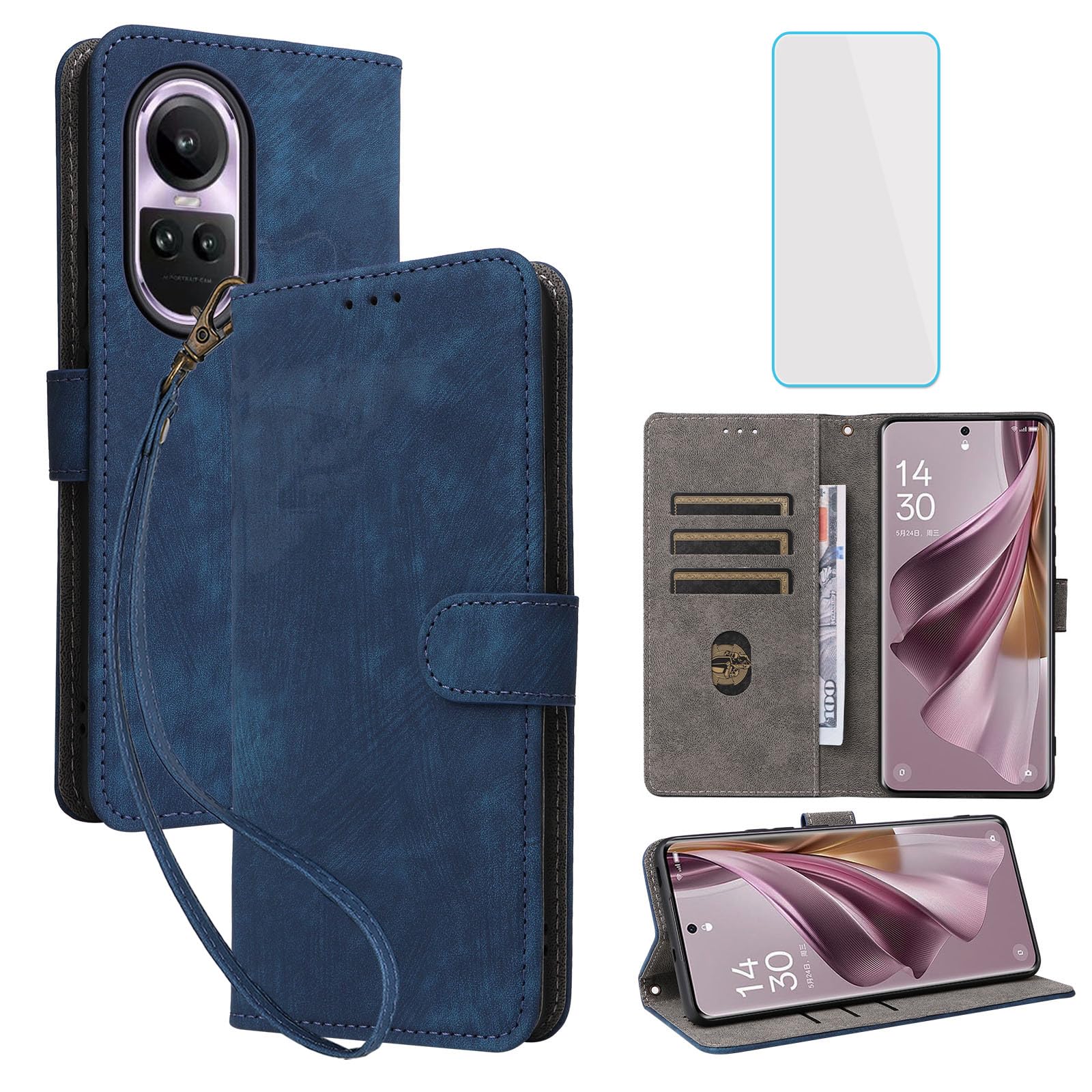IUQXU for Oppo Reno 10 5G / Oppo Reno 10 Pro 5G Wallet Phone Case with Screen Protector [RFID Blocking] Leather Flip Card Holder Kickstand Women Men Cell Phone Case for Reno10Pro Reno10 Pro 5G Blue