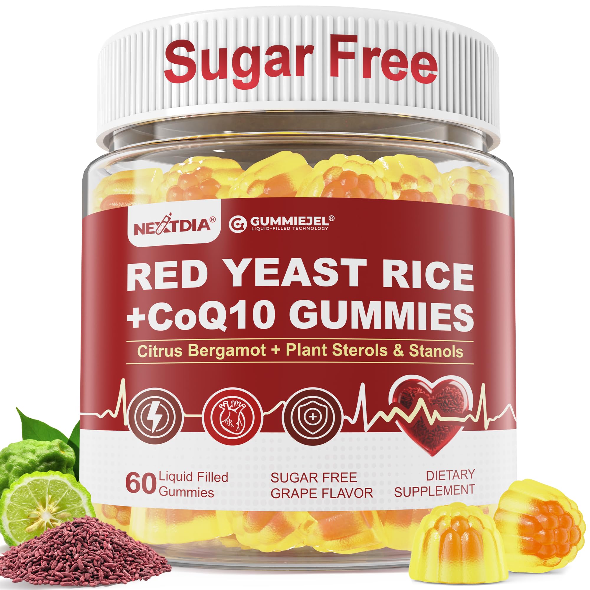 Red Yeast Rice Gummies with CoQ10 for Ages 50+, Sugar Free, Vegan, 60 Cts 60 Count (Pack of 1)