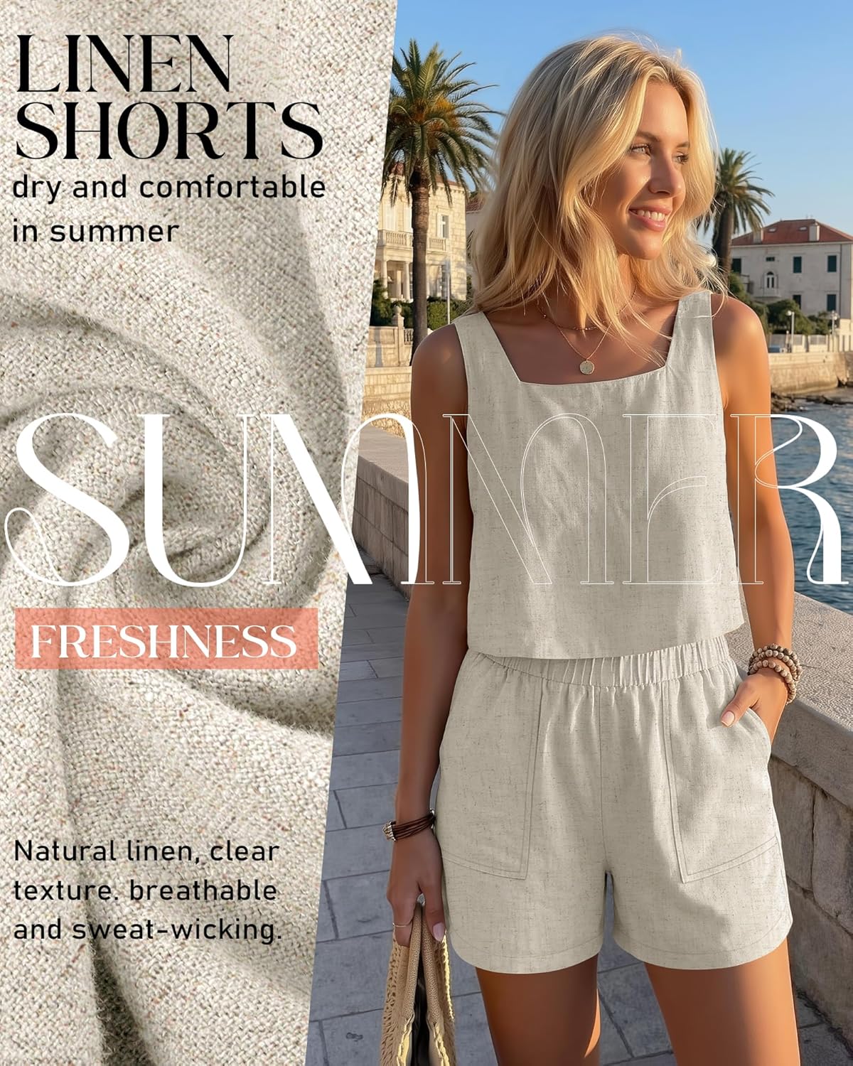 Neer 2 Pack Women's Linen Shorts Elastic Waist Casual Comfy Summer Pull on Beach Shorts with Patch Pocket - Image 3