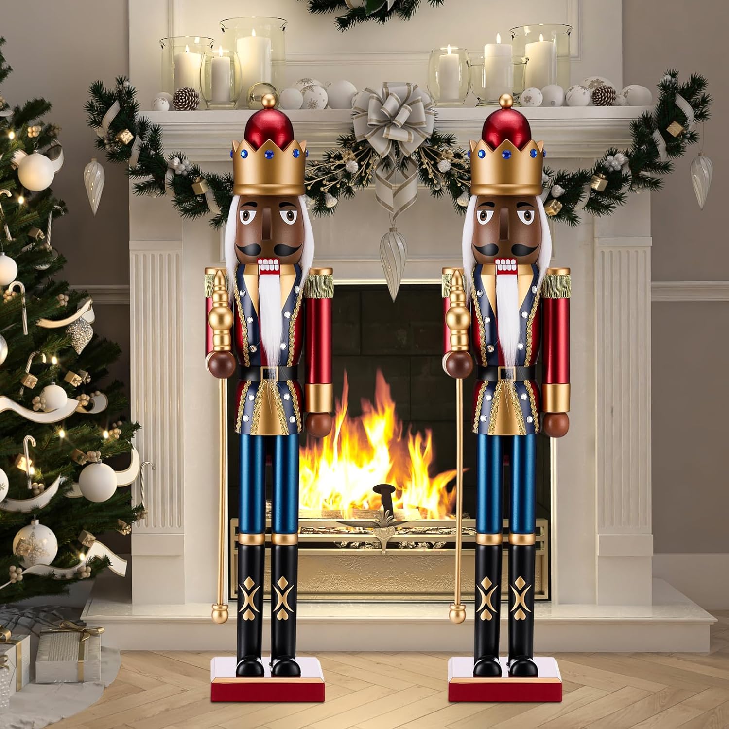 Thyle 2 Pieces 32 Inch Christmas Wooden Nutcracker Figures Xmas Large Nutcracker Soldier Christmas Holiday Soldier Ornament on Stand for Xmas Holiday Garden Lawn Pathway(Dark Style) 32 Inch Dark Style