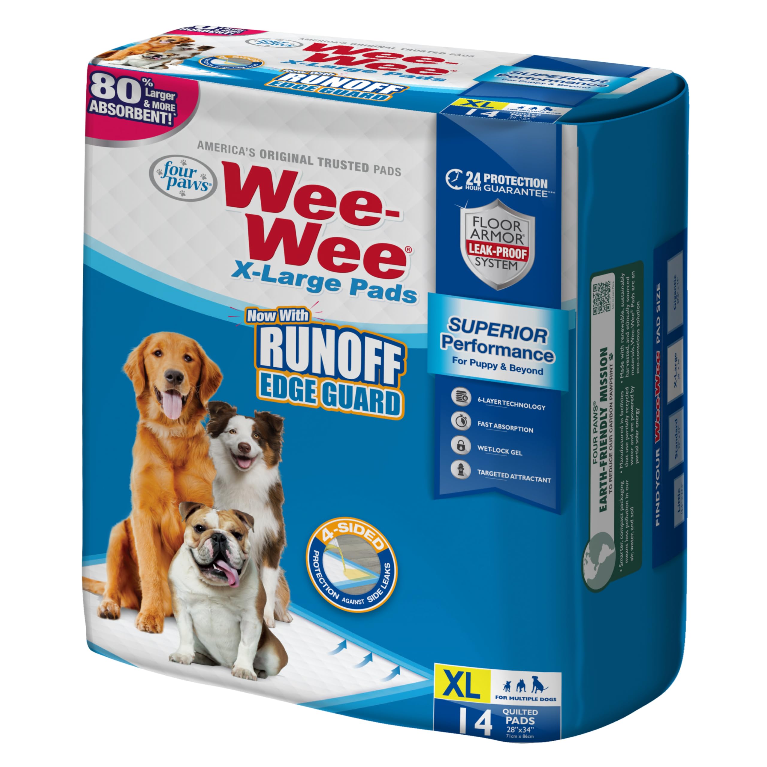 Four Paws Wee-Wee Superior Performance XL podkładki do siusiu dla psów i szczeniąt do nauki korzystania z nocnika, włamania do domu i artykuły dla szczeniaków, 71 x 86 cm, 14 szt