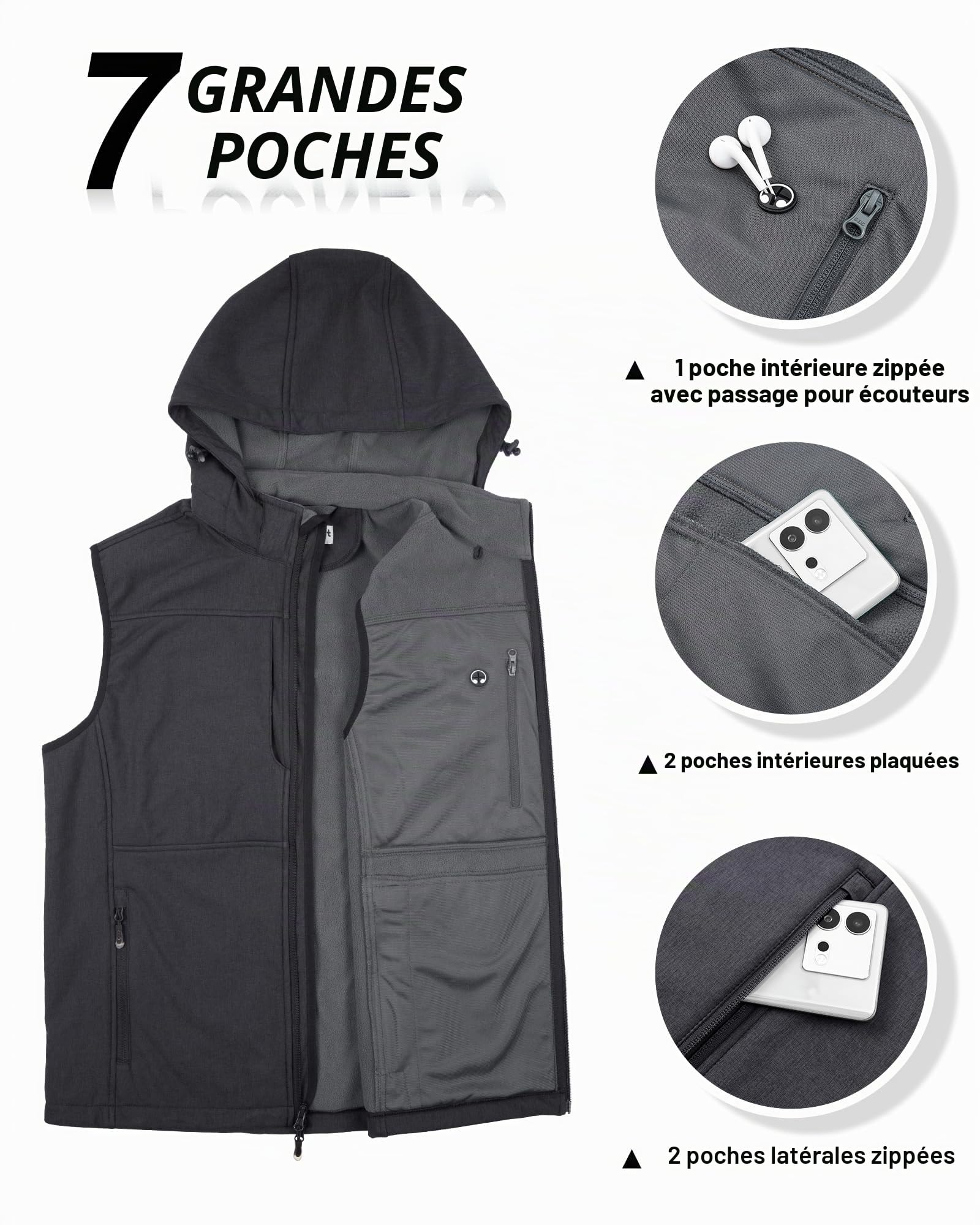 33,000ft Gilet softshell imperméable sans manches pour homme - Gilet polaire avec capuche - Fermeture éclair intégrale, XL