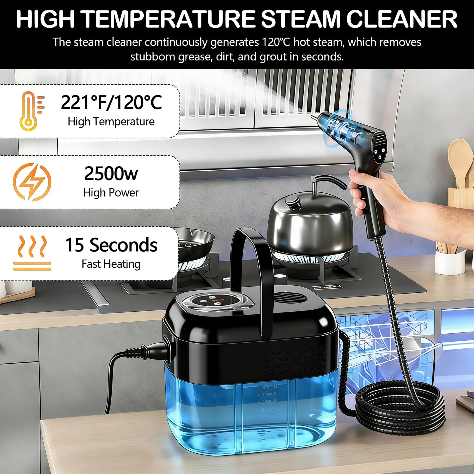 Pulitore a Vapore Portatile, 2500W Pulitore Vapore Casa, Maniglia Regolabile in 6 Livelli, Serbatoio Dell'acqua da 1700ml, Macchina per Pulizia a Vapore per Cucina, Piastrelle, Mobili