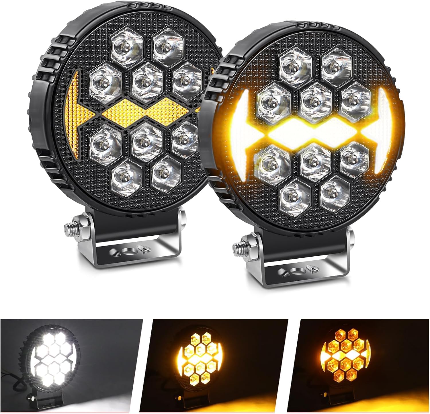 BraveWAY 2 x 22 W 10000LM Rotondo Faro Da Lavoro Led, 4 Pollici Faro Di Lavoro Led 12 V 24 V, Proiettore Ambra Bianco Per Suv, Camion, Moto, Trattore, Suv, Faro Led Trattore