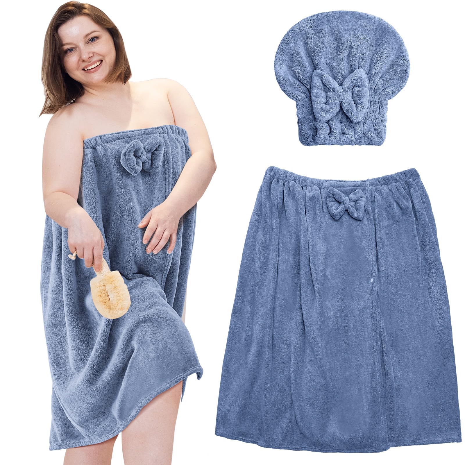 Xtinmee 1 Sets Plus Size Towel Wrap for Women with Hair Towel Bath Shower Wrap Dress Spa Bathrobe(Blue)
