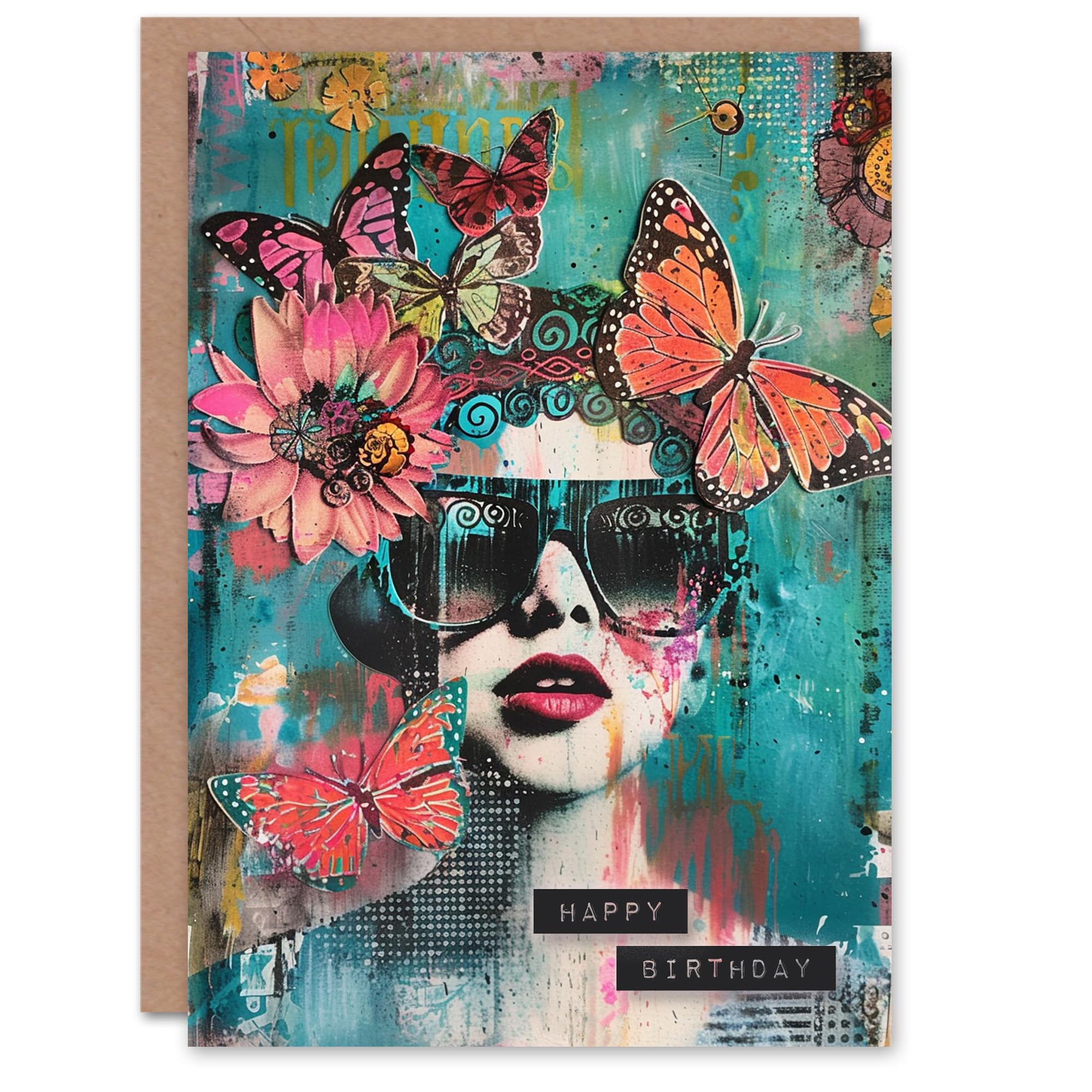 Artery8 Birthday Card Collage Butterflies Sunglasses Portrait For Her Gran Sister Niece Daughter Wife Woman Greeting Card