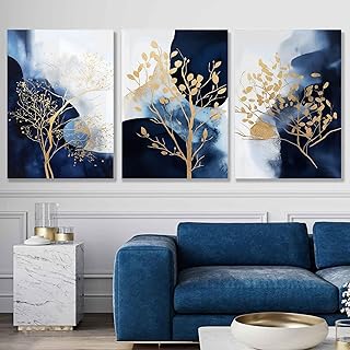 Blue Gold Abstract Canvas Wall Art Golden Tree Picture Blue Watercolor P...