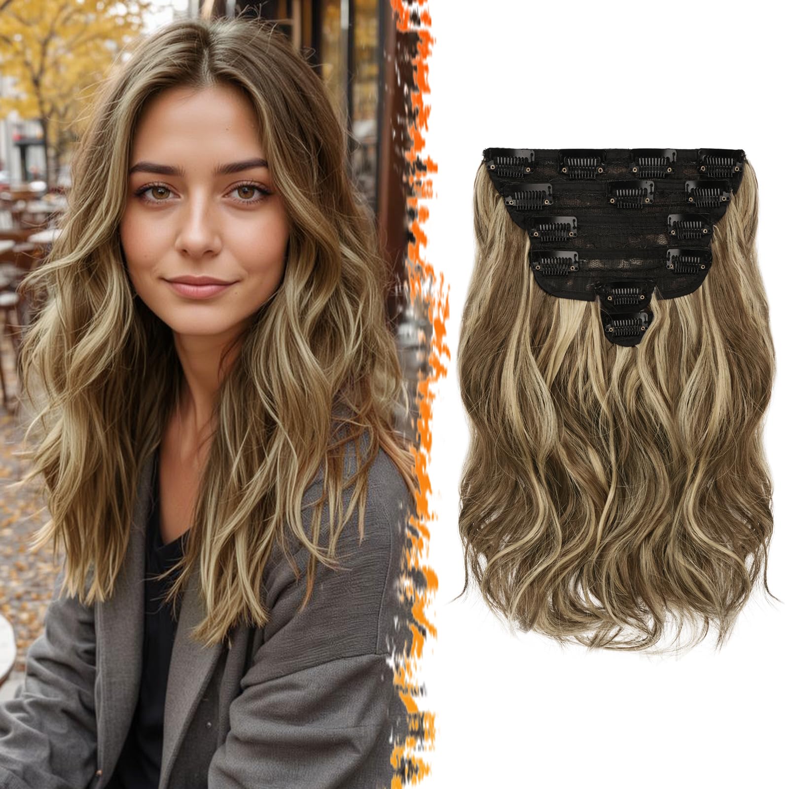 BARSDAR Clip en Extensiones de Cabello Highlight, 30cm Corta Ondulado Extensión de Pelo Clip en 6 Piezas para Mujeres Natural Sintética Clip en Postizos Cabello Extensiones - Medio Marrón & Rubio