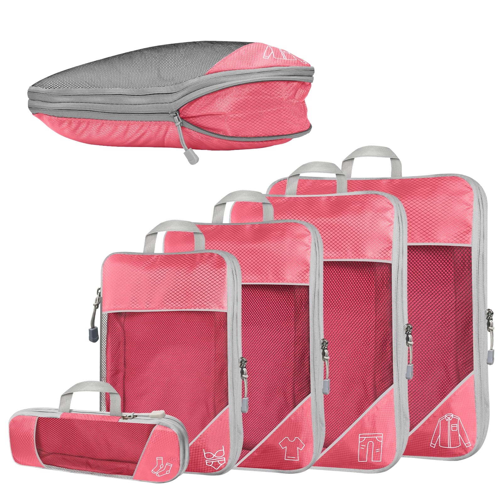Set Di 5 Cubi Da Imballaggio Per Viaggio - Organizer Valigia Impermeabili E Ultraleggeri - Grigio - Compressione E Salvaspazio - 5