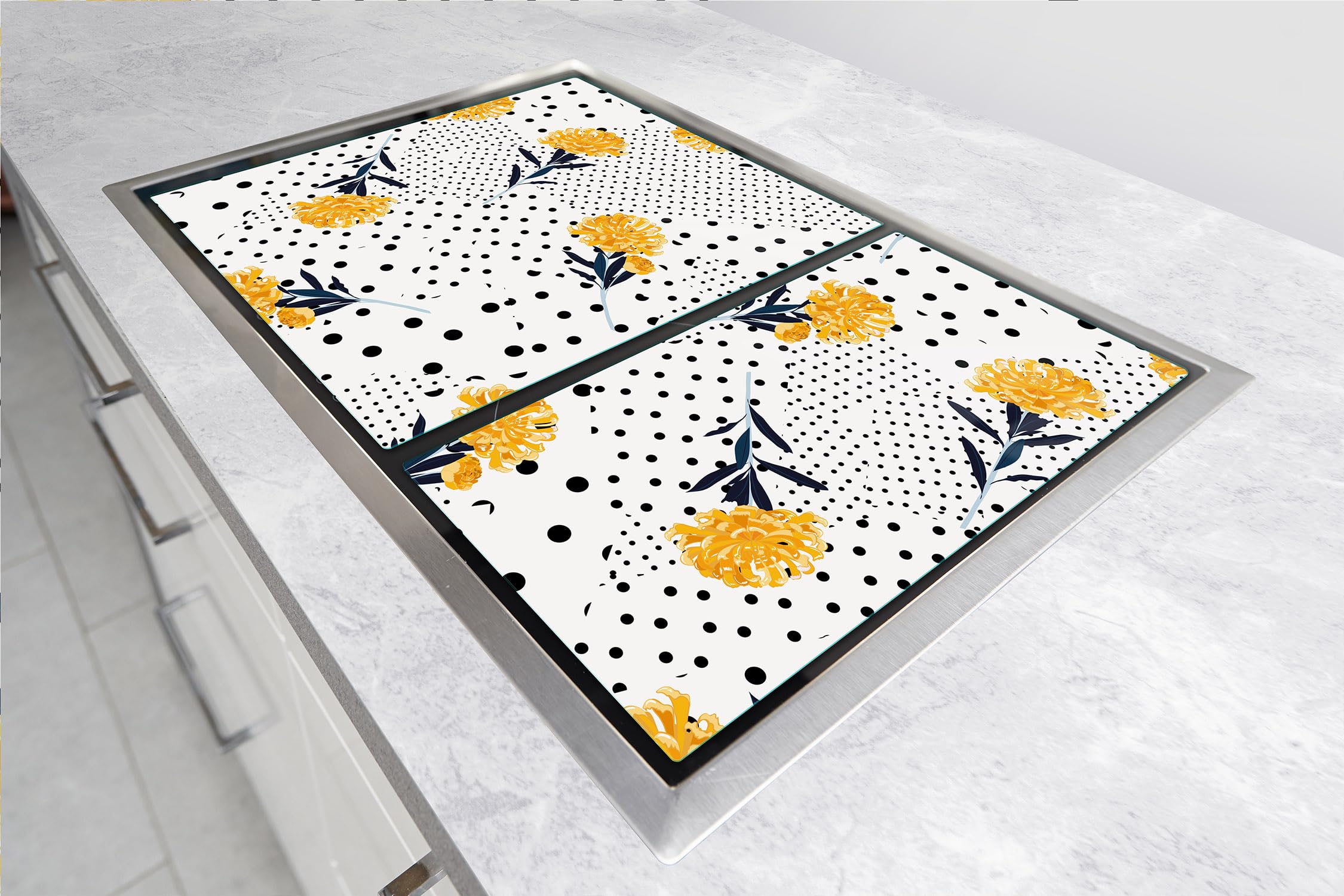 TMK ArtDeko Copri Piano Cottura In Vetro Temperato 75x52 Cm (2 Pezzi) - Protezione Universale Per Induzione E Gas, Tagliere E Sottopentola, Stampa Fiore