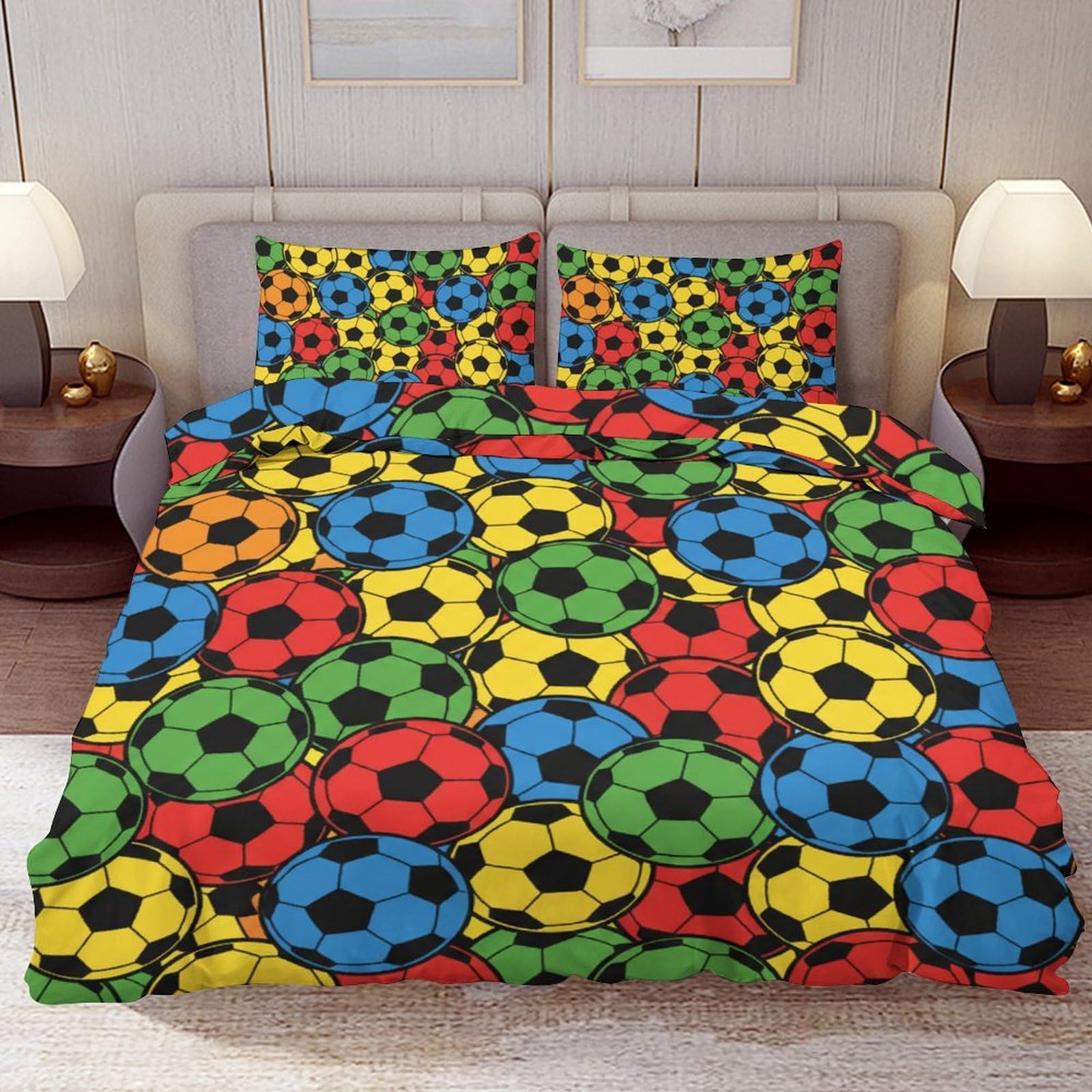 Delerain Comforter Cover Set Full Size, Rainbow Soccer Ball Sport 3-Piece Bedding Set for Boys Girls Teens Modern Soft Microfiber Bedroom Set Room Decor, 1 Duvet Cover + 2 Pillowcases