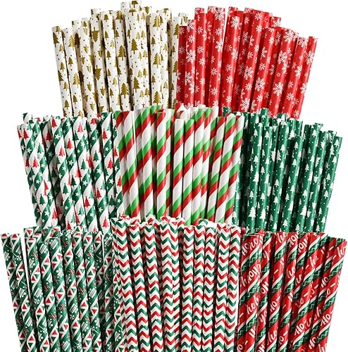 NINU 100 pajitas de papel de Navidad, pajitas de copo de nieve para decoración de fiestas de Navidad y regalos de Navidad, 8 estilos