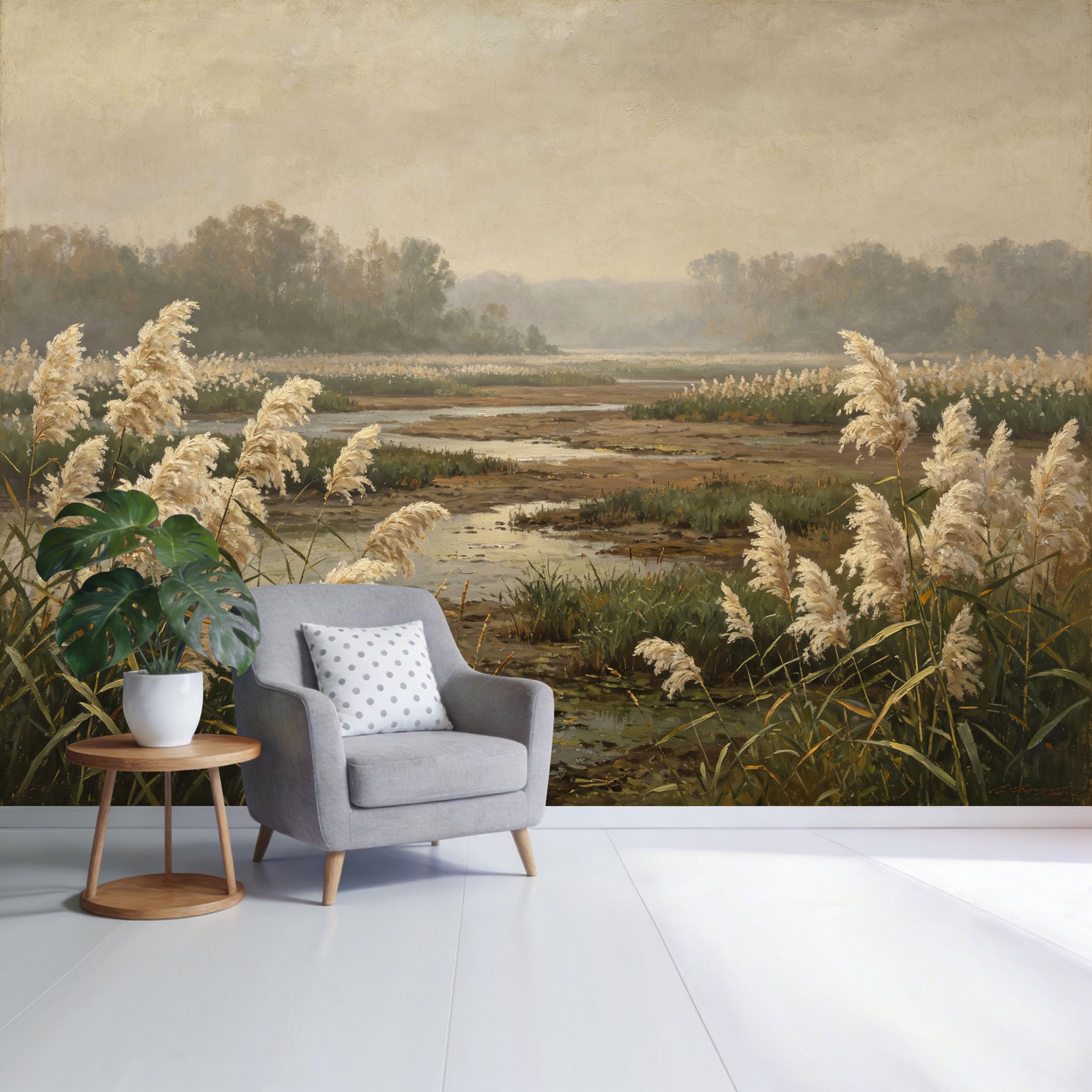 Custom Size Wall Mural Tranquil Marsh Landscape with Reeds and Misty River Oil Painting Style SelfAdhesive Wall Fabric Removable Wallpaper for Home Office Decor