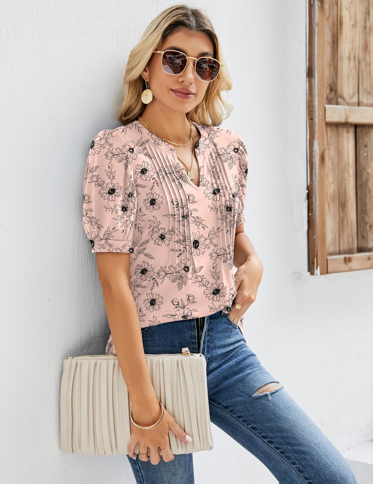 Womens V Neck Tops Puff Short Sleeve T-Shirt Pleated Floral Printed Tunic Blouse Shirts — view 5