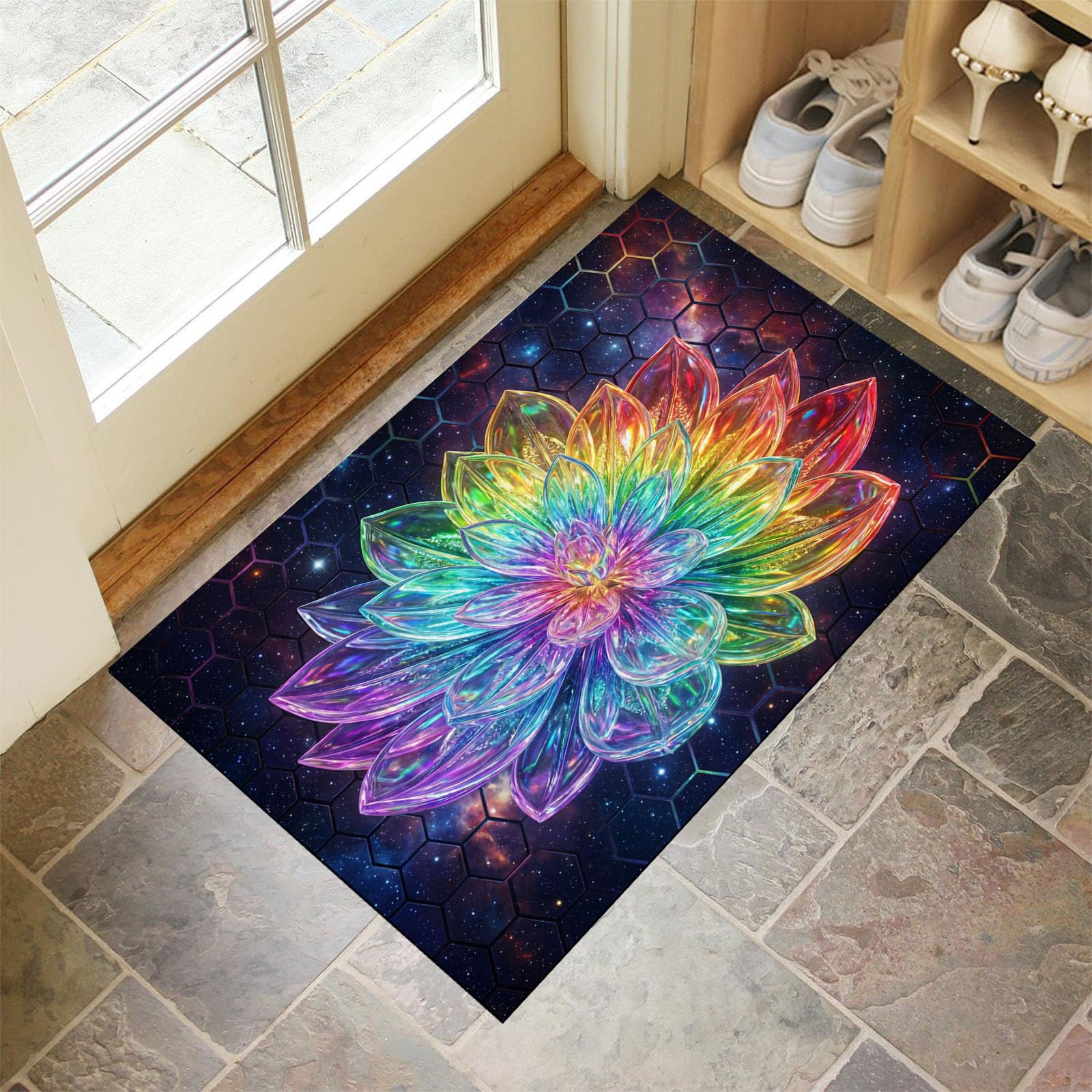 80X120Cm Zerbino Ingresso Interno Antiscivolo Assorbente, Tappeto Microfibra Sottile Lavabile Con Loto Cristallo Arcobaleno 3D Piante Del Futuro Cielo Stellato Per Cucina Bagno Porta Animali, Nero