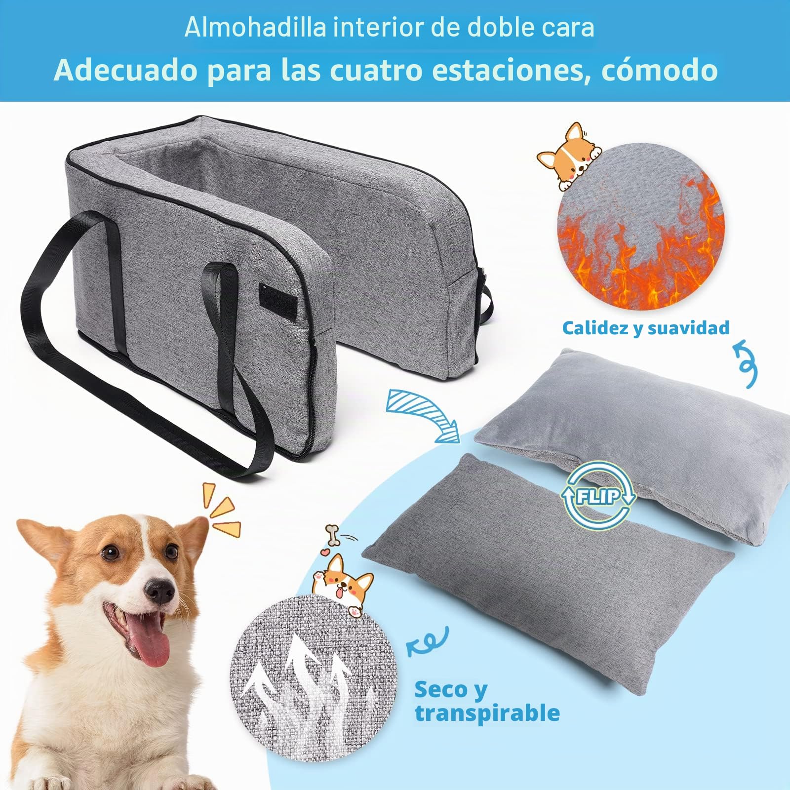 Asiento de coche para perros pequeños, asiento elevador de coche desmontable y lavable, para mascotas pequeñas de hasta 14 libras, consola central para perros y gatos, hogar, viajes (gris)