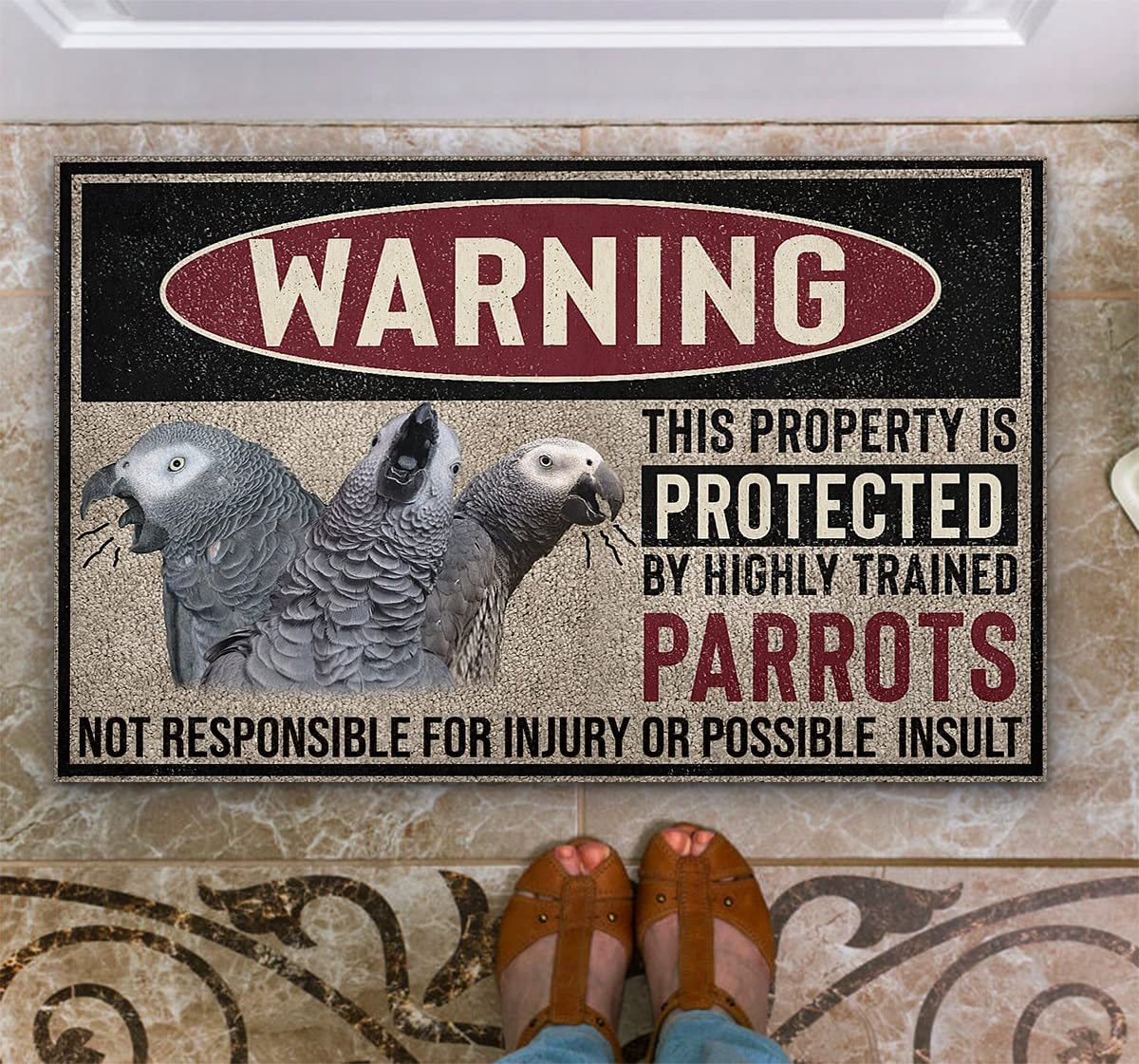 TUNIU African Grey Parrot Warning Protected by Parrot Doormat, Parrot Lovers Home Decorative Doormat, Indoor Outdoor No Slip Mat, Funny Doormat Funny Doormat,Housewarming Gifts Welcome Mat 20X32 Inch