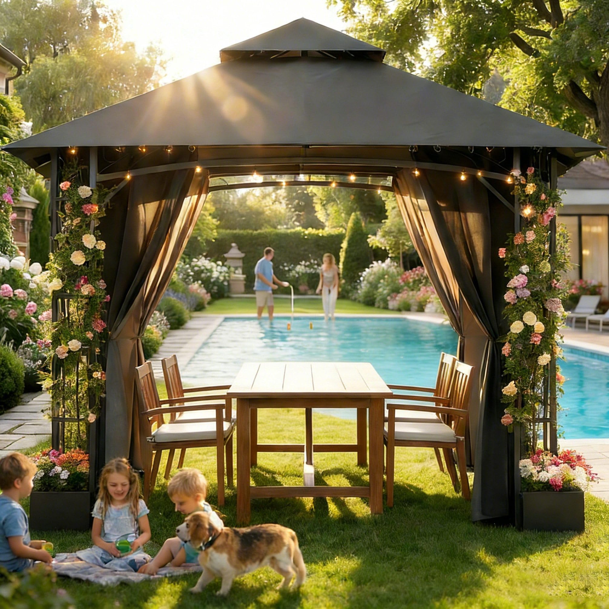 TRIUMPHKEY Pavillon 3,3x3,3m Wasserdicht Stabil Winterfest, Gartenpavillon mit Doppeldach, Seitlicher Rahmen mit Blumenmuster und Vier eiserne Blumentöpfe Gartenlaube für Garten, Terrassen, Grau
