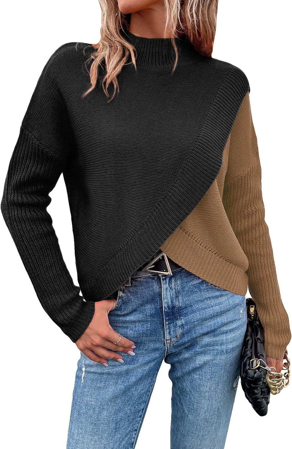 Verdusa Women's Luxury Outfits Mock Neck Color Block Sweater Long Sleeve Drop Shoulder Knitted Pullovers