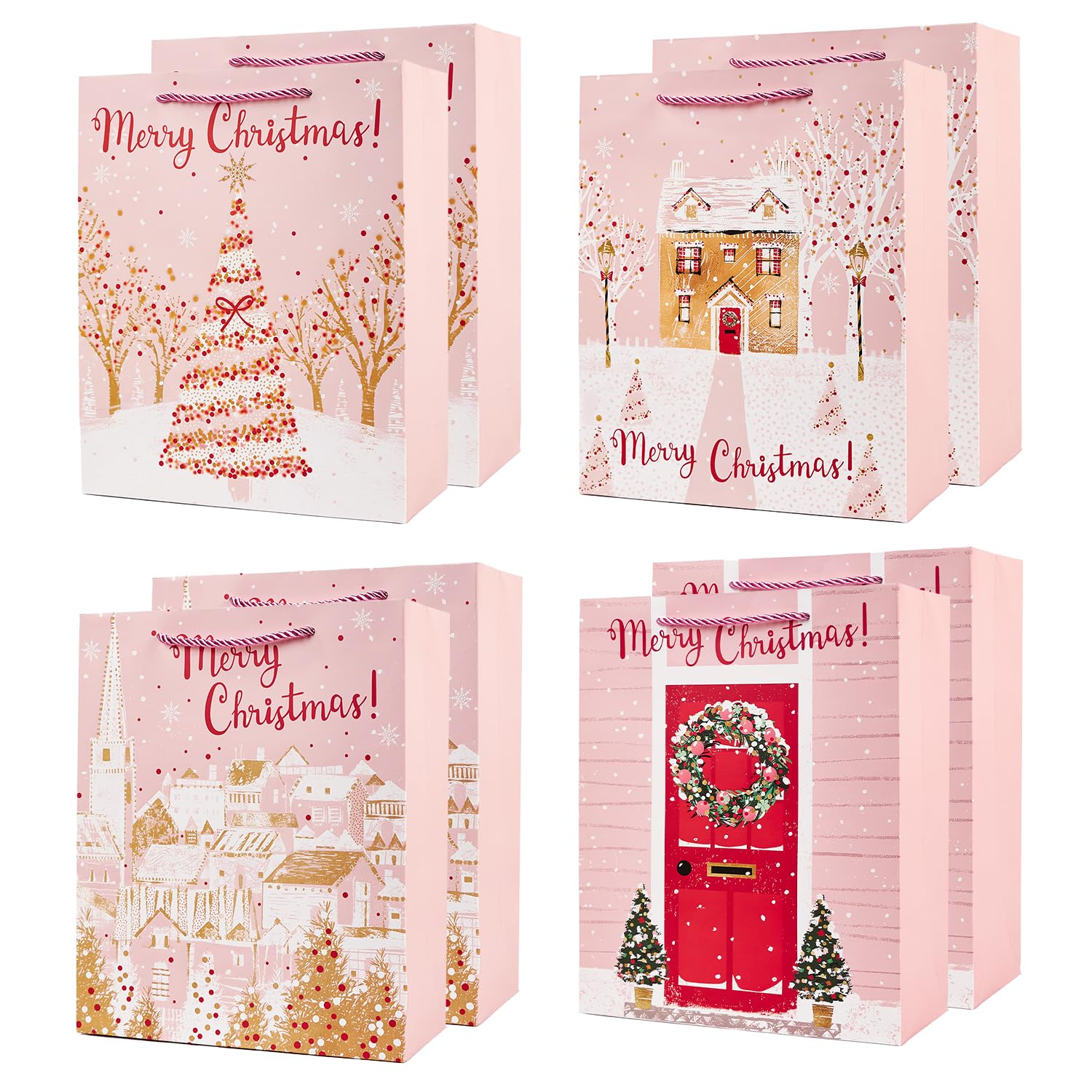 Large Christmas Paper Gift Bag Bundle, 8 Pack 12.6'' Pink XMas Gift Bags for Holidays Presents Party Favors (Pink)
