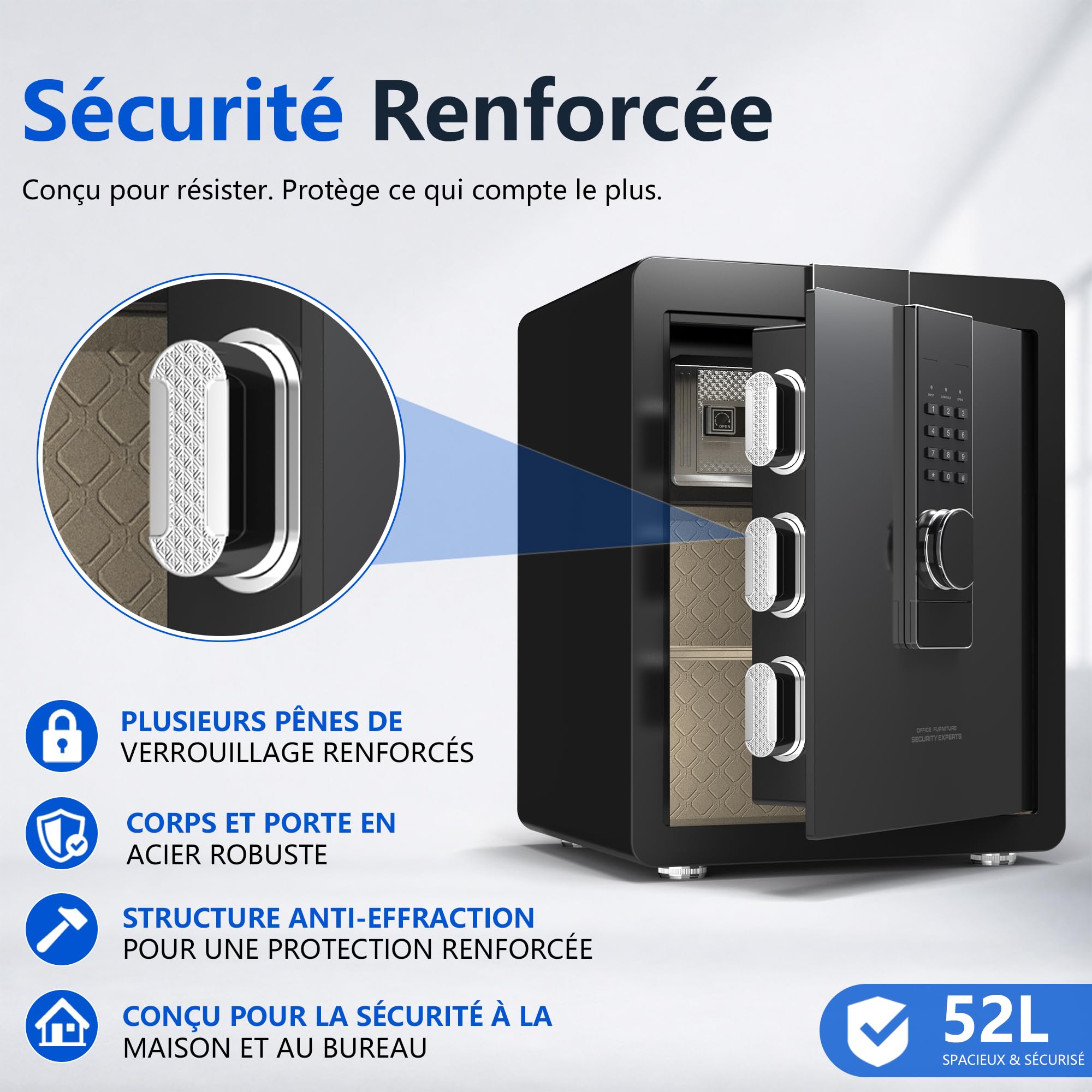 22KG Lourd Coffre Fort en Acier, 52L Coffre-fort Électronique avec Digitale Code et Clé, pour Maison et Bureau, Idéal pour Bijoux, Argent et Documents A4, Notice en Français (Blanc,52L)