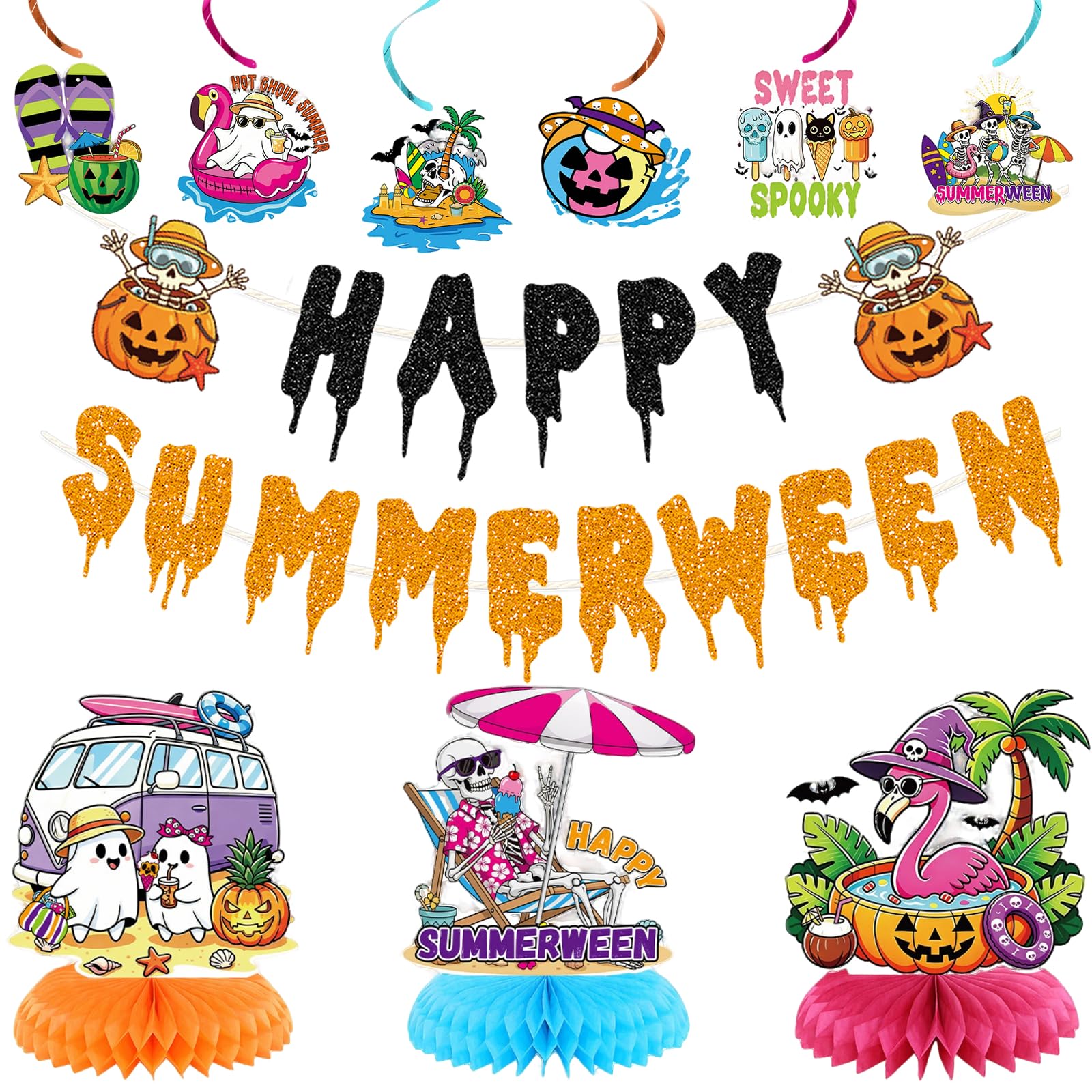10PCS Happy Summerween Party Decorations Kit, Glitter Summer Halloween Banner Hanging Swirls and Honeycomb Centerpieces Table Decor for Summerween Pool Beach Party Supplies