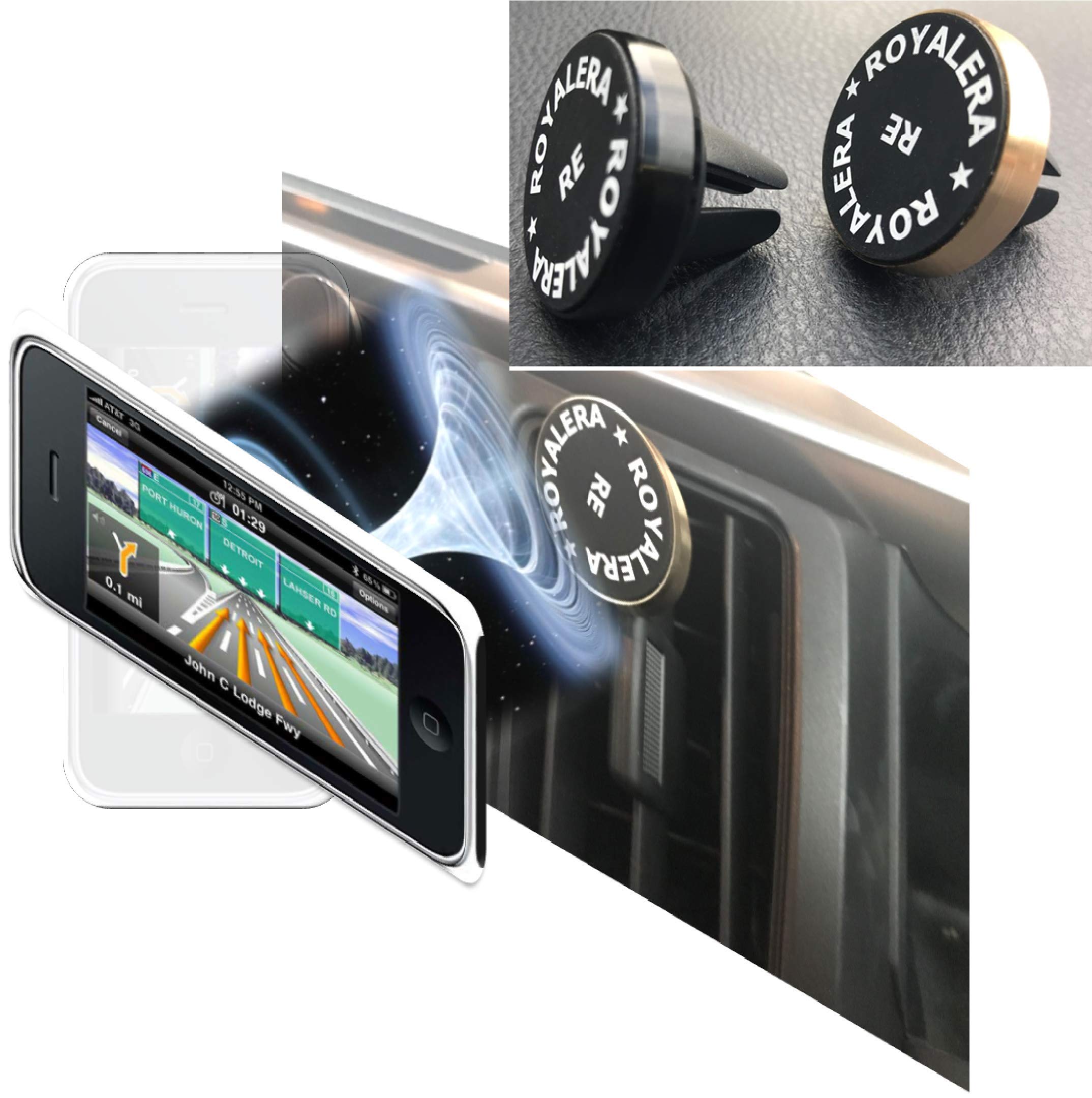 Universal Air Vent Magnetic Car Magnetic Phone Holder, Pack of 2 Holders (Black and Gold),For Cell Phone and Mini Tablets with 4 Metal Plates, Strong Magnet with Fast Hand-Free snap For iPhone Android