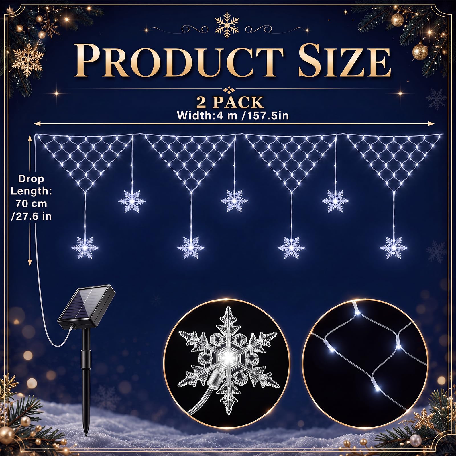 Lewtemi 2 Stück 4 m Schneeflockennetz Weihnachten Outdoor Zaun Lichter Kaltweiß Solar Vorhang Lichter mit 8 Beleuchtungsmodi, wasserdichte Weihnachtszaun Dekorationen für Hof, Terrasse, Traufe Garten