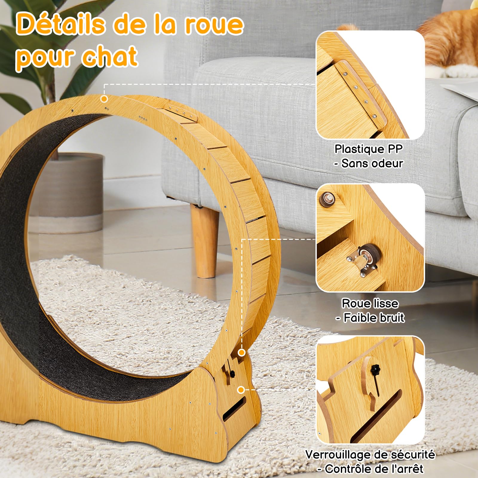 LEADZM Ruota di esercizio per gatti 100 cm, ruota per gatti di grandi dimensioni, pannello in fibra ad alta densità, resistente ai graffi, stabile e silenziosa, peso massimo 11 kg, colore del legno