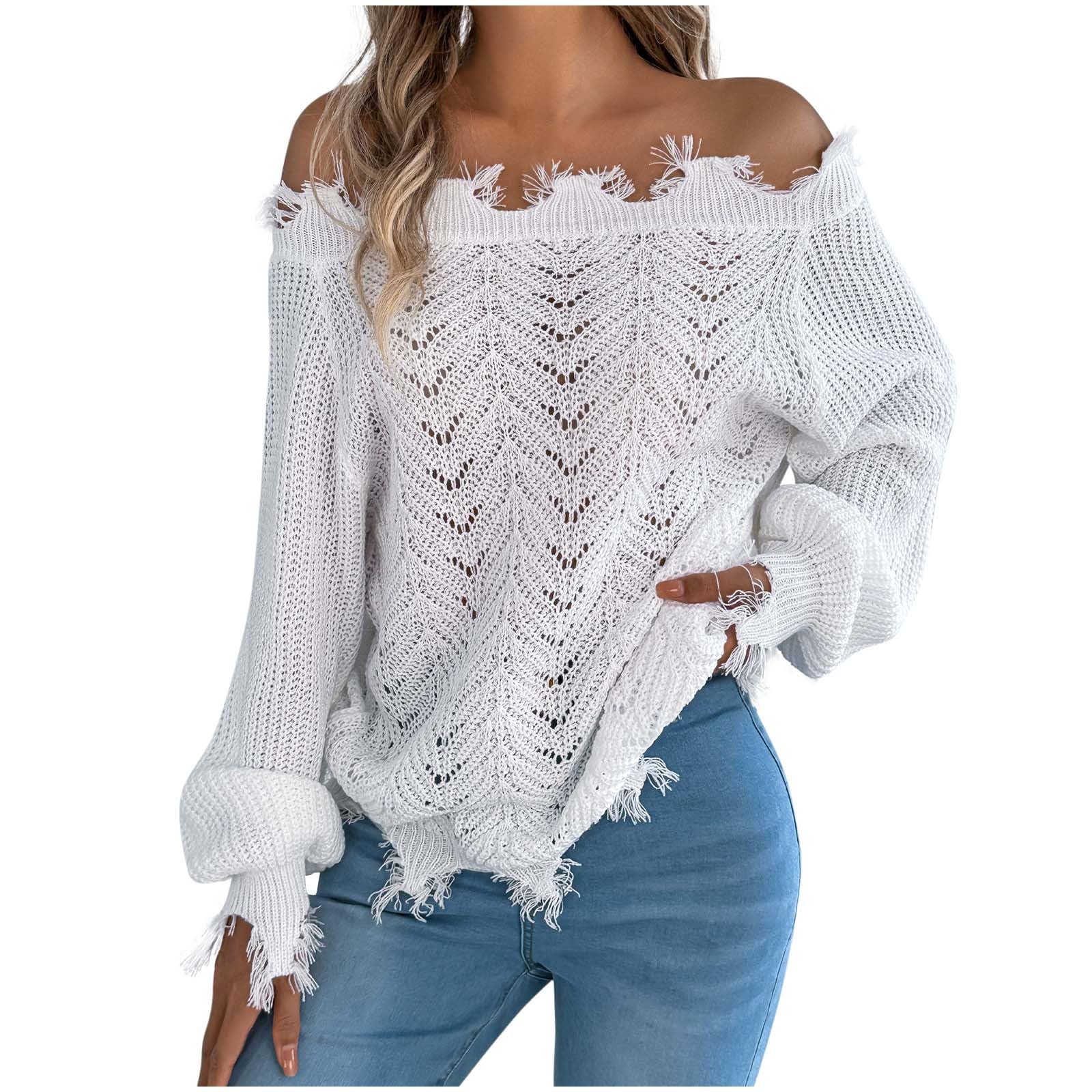 Womens Long Sleeve Hollow Out Sweaters Fall Off The Shoulder Cute Baggy Pullover Sweater Casual Lightweight Tops