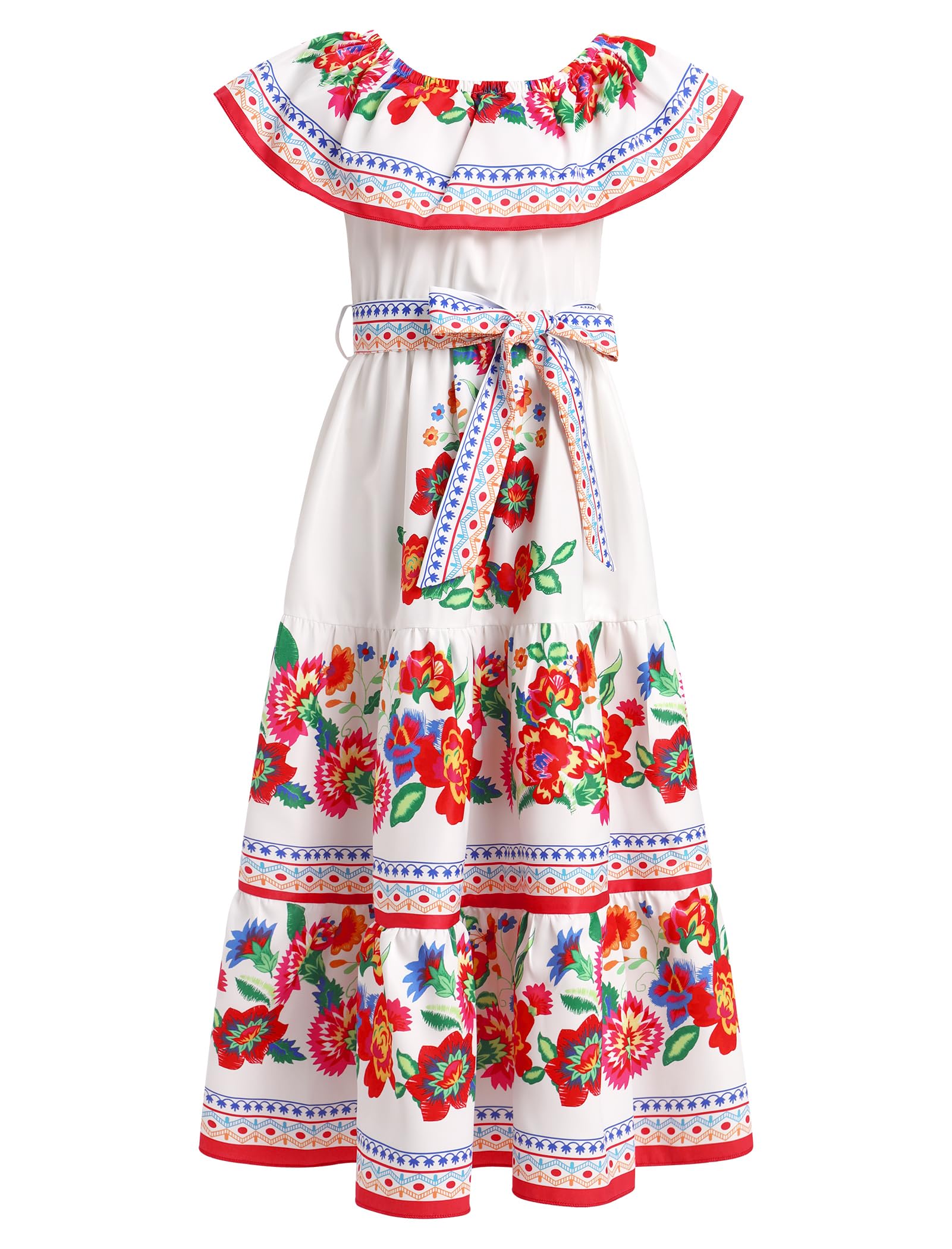 Vestido mexicano de verano para niña, bohemio, floral, vestido de drapeado, vestido tradicional cinco de mayo, fiesta, folklórico, bohemio, fiesta de cumpleaños, vestidos largos con cinturón