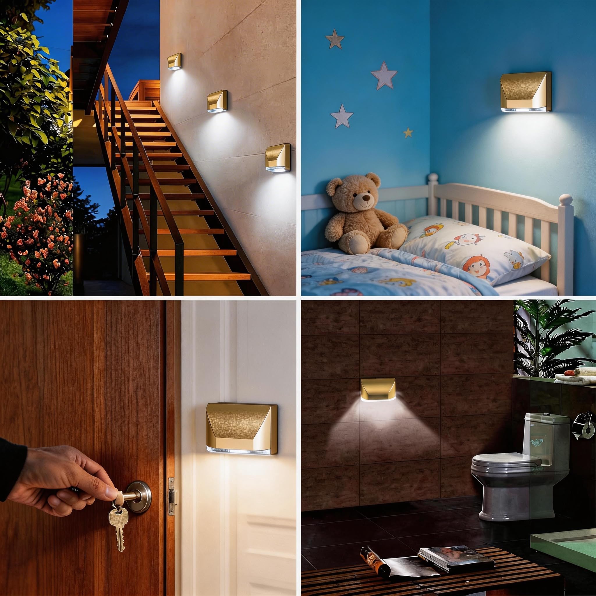 Luce per porta, piccola luce con sensore di movimento, con 4 lampadine LED, luci notturne alimentate a batteria, per corridoio, scale, cucina, armadio, camera da letto (oro)