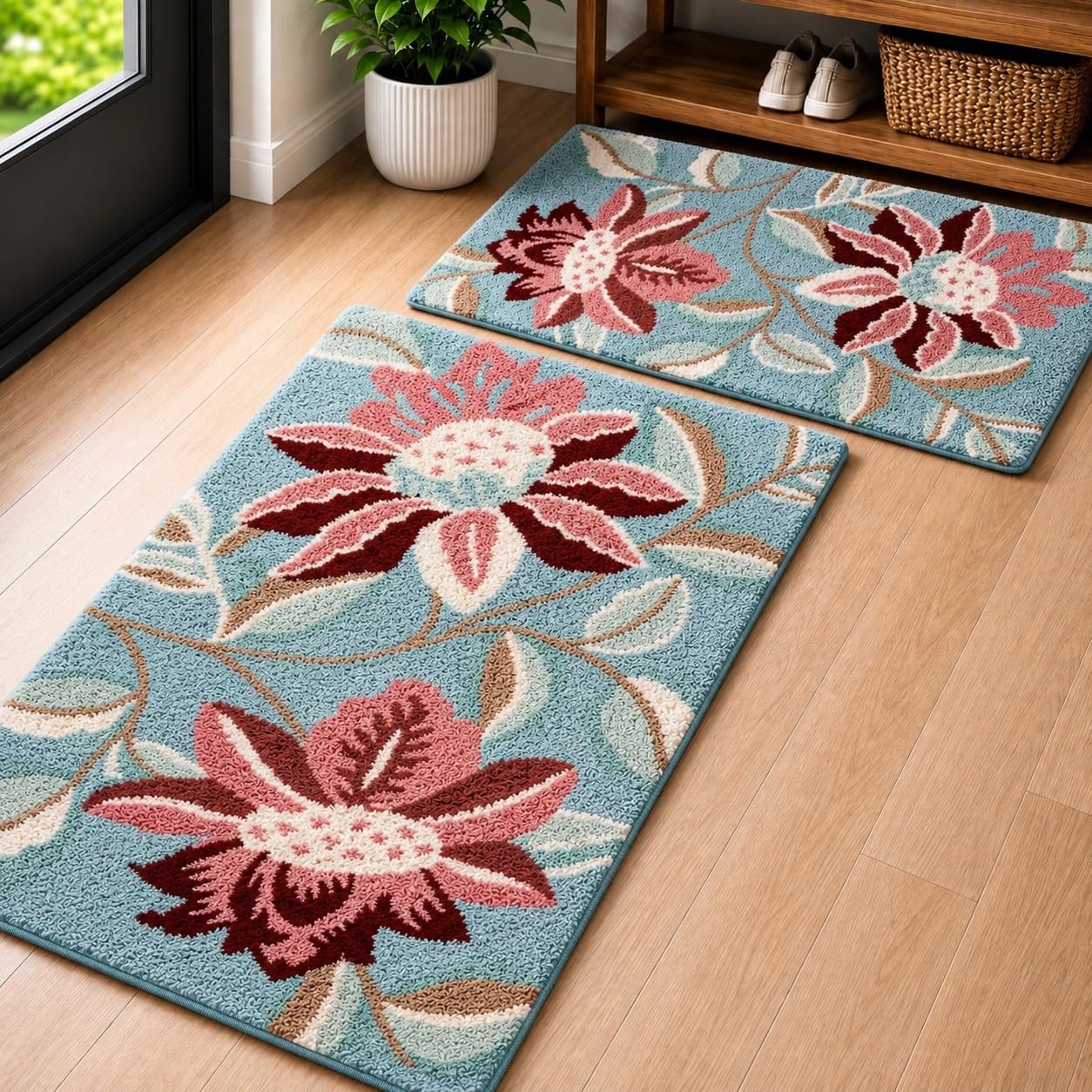 Roseate Two Flower Super Soft Anti Skid (50x80 cm) Super Absorbent Mats Microfibre 2000 GSM Mat for Bathroom/Bedroom/Kitchen/Door Mat/Floor Mat (Pack of 2)