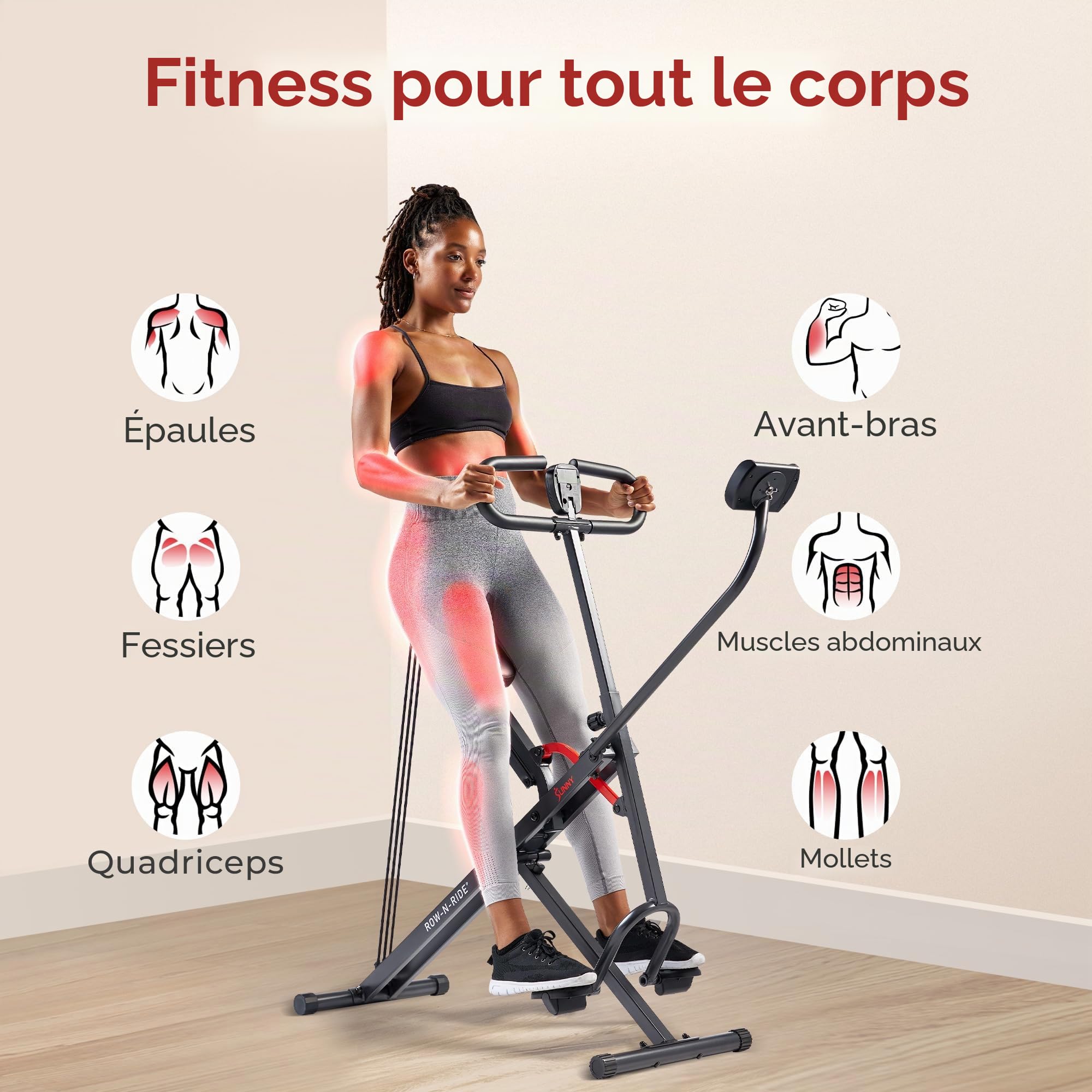 Sunny Health & Fitness Row-N-Ride Connecté Corps Entier avec Tablette | 4 Résistances, Entraînement Fessiers et Jambes, App SunnyFit, 150 kg Charge, 3 Profondeurs de Squat