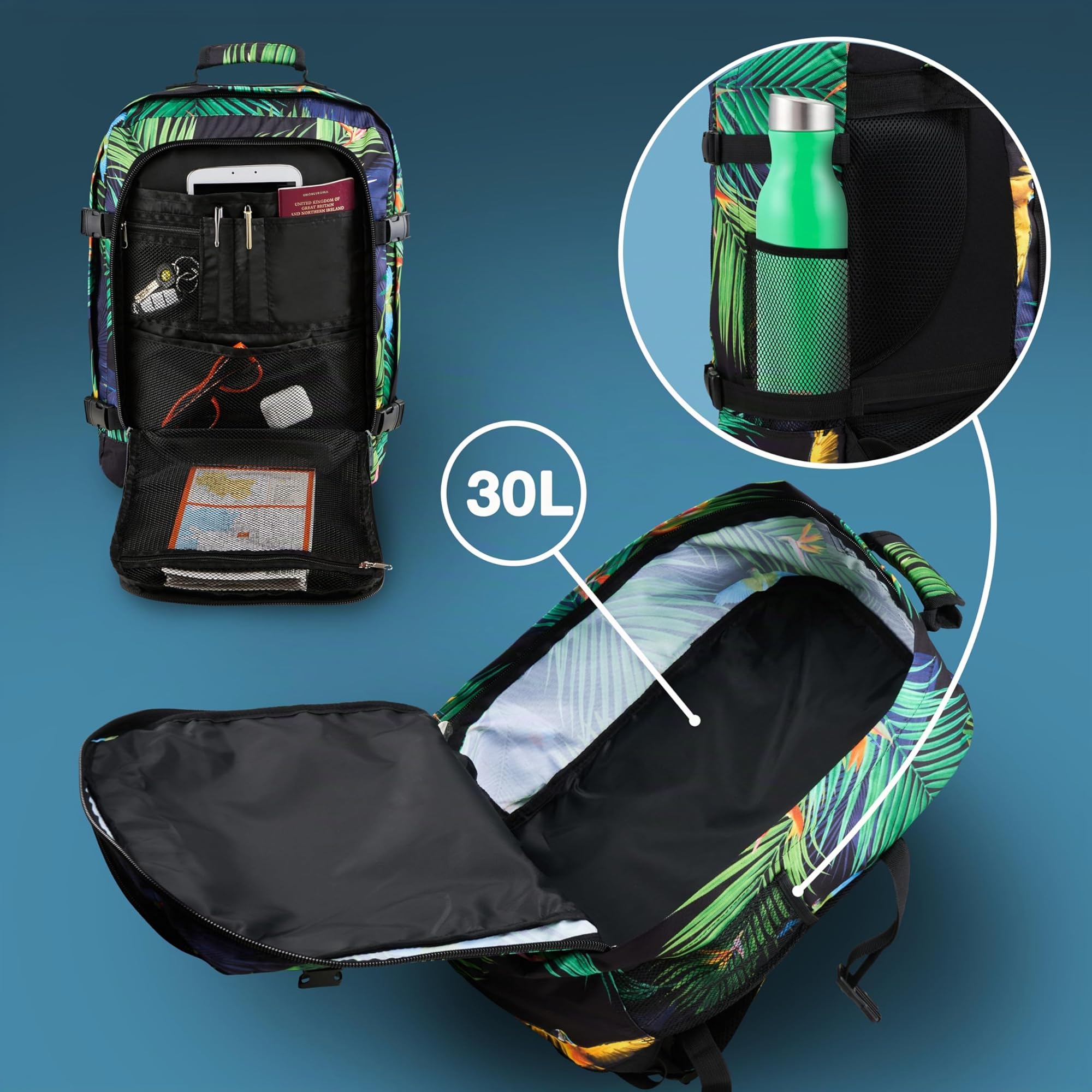 Cabin Max Mochila Viaje Cabina Avion 45x36x20 Easyjet, Mochilas Viaje Avion Equipaje de Mano, Mochilas Viaje, Correas de Compresión - Poliéster RPET Reciclado (Metz 30L)