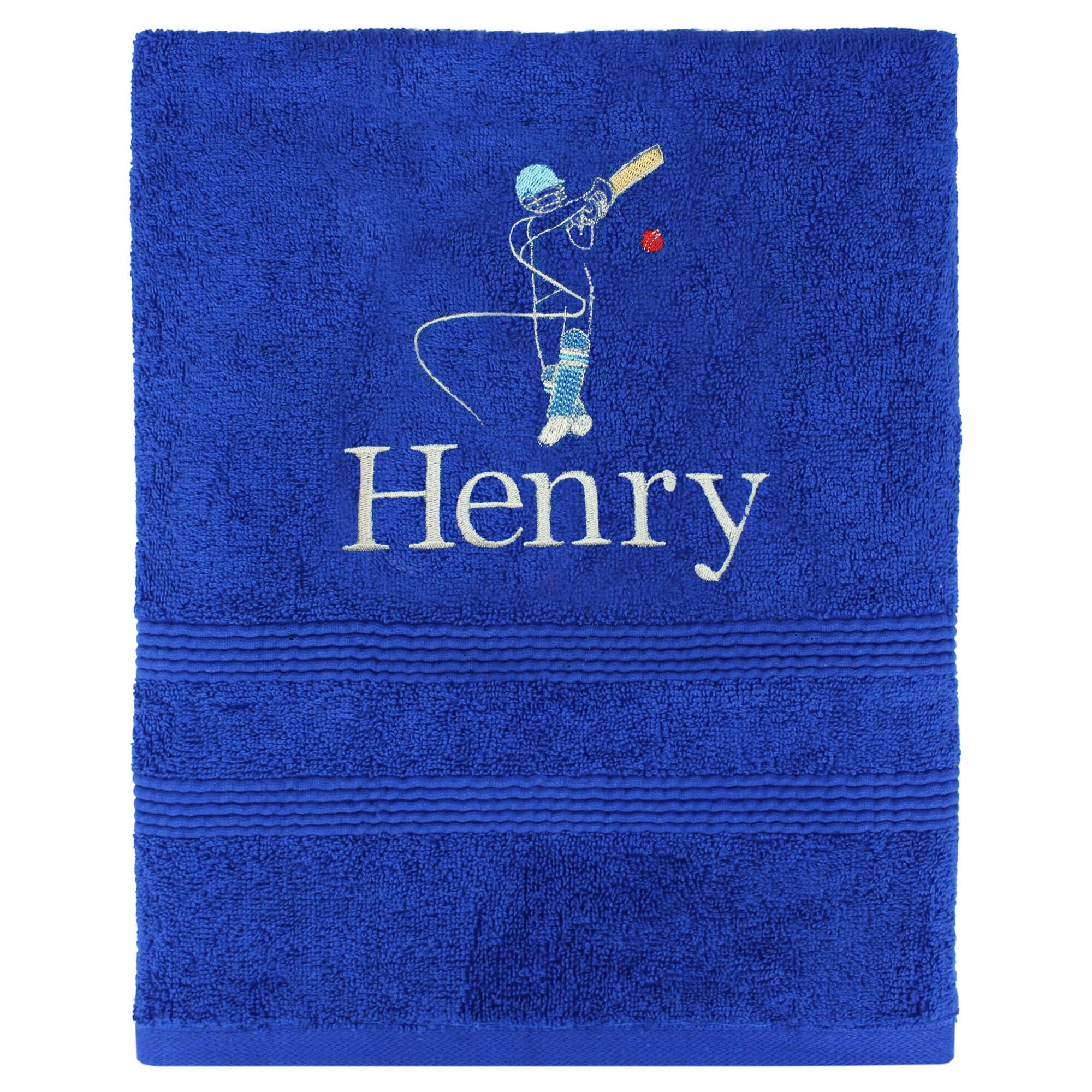 Teddyt's Royal Blue Personalised Cricket Illustration Embroidered Hand Towel (Royal Blue)