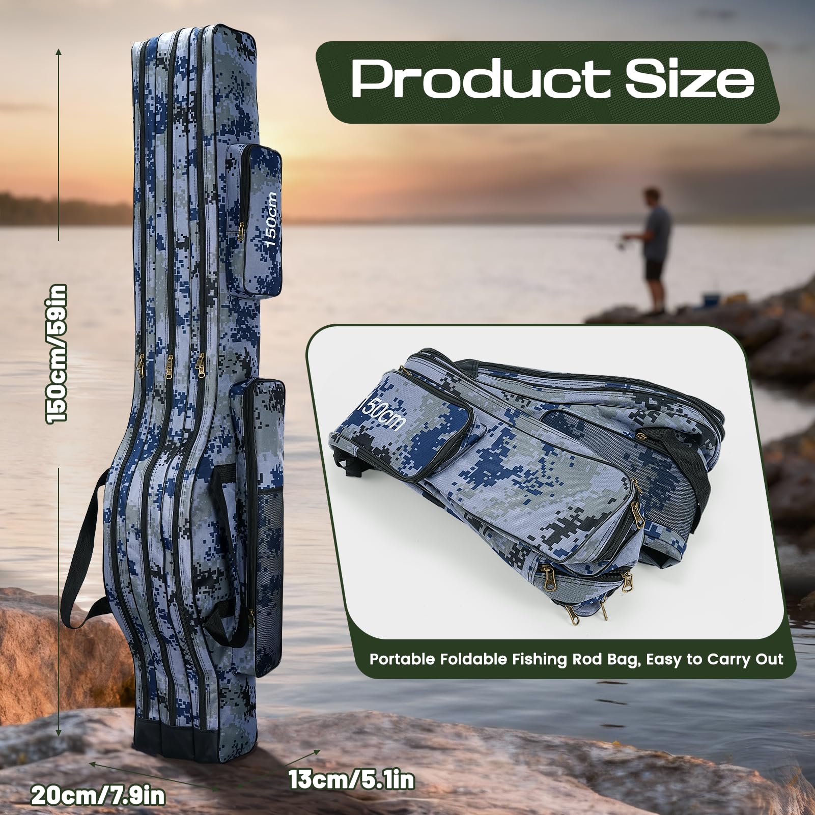 Borsa da Pesca Portatile, 150cm Pieghevole Sacca Canna e Attrezzi con 3 Strati Grande capacità Borsa da Pesca Portatile per Canna Impermeabile Custodia per Canna da Pesca - 3