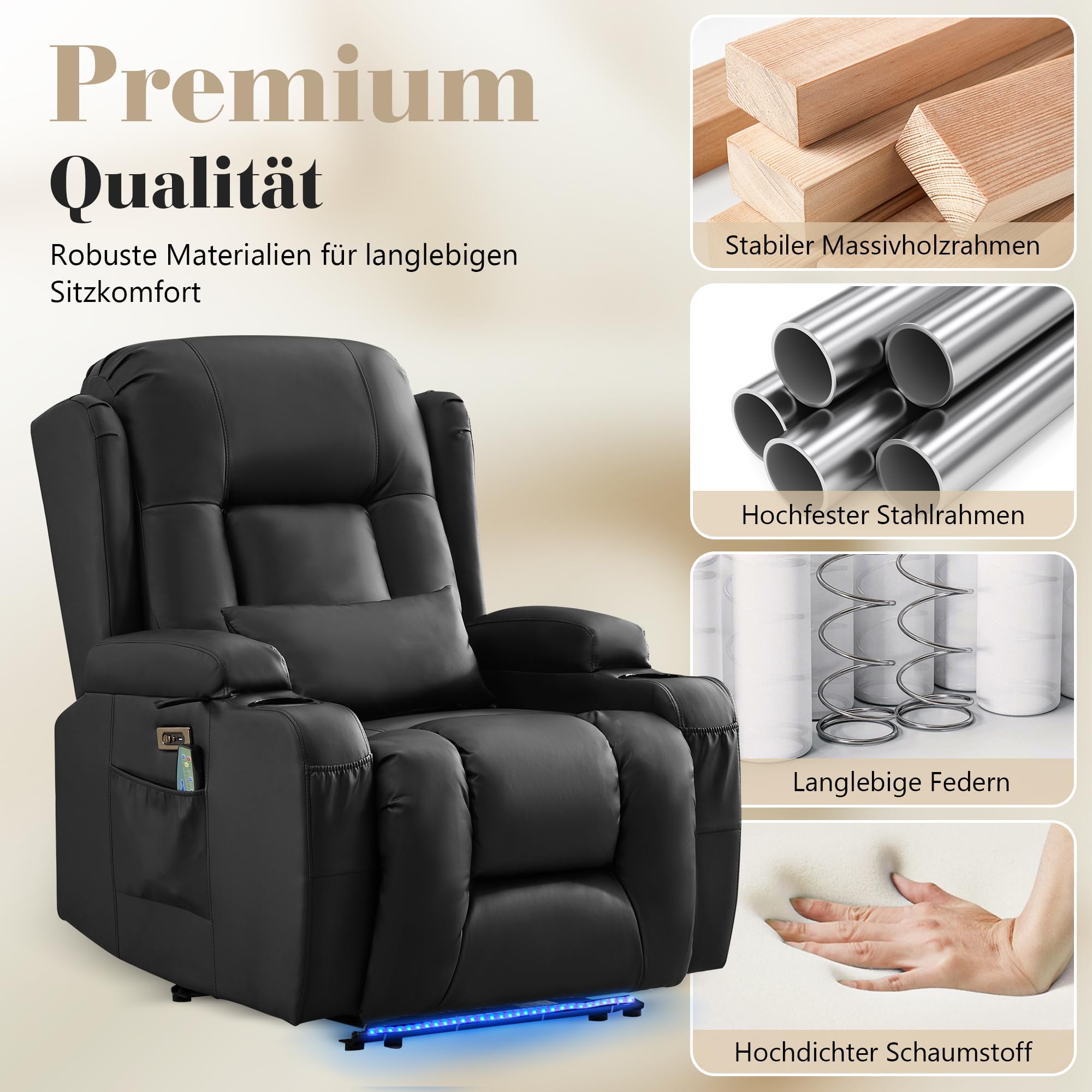 SAMERY Fernsehsessel Elektrisch Verstellbar Relaxsessel mit Liegefunktion,Massagesessel Vibration Heizung,Kunstleder TV Sessel Wohnzimmer Liegesessel Kinosessel 614 mit USB/LED,bis 150 kg (1, Schwarz)