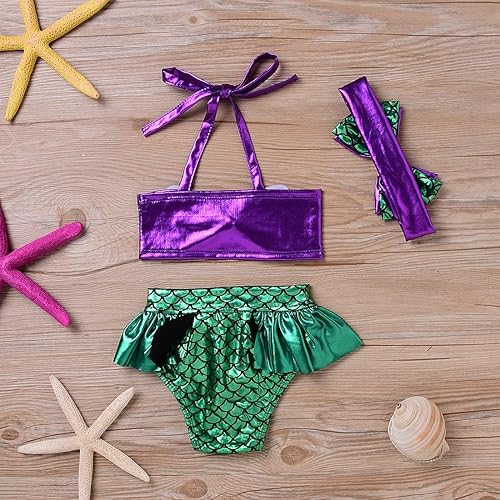 Vista 5 de Traje de baño de sirena para niños pequeños, conjunto de bikini con diadema, conjunto de 3 piezas